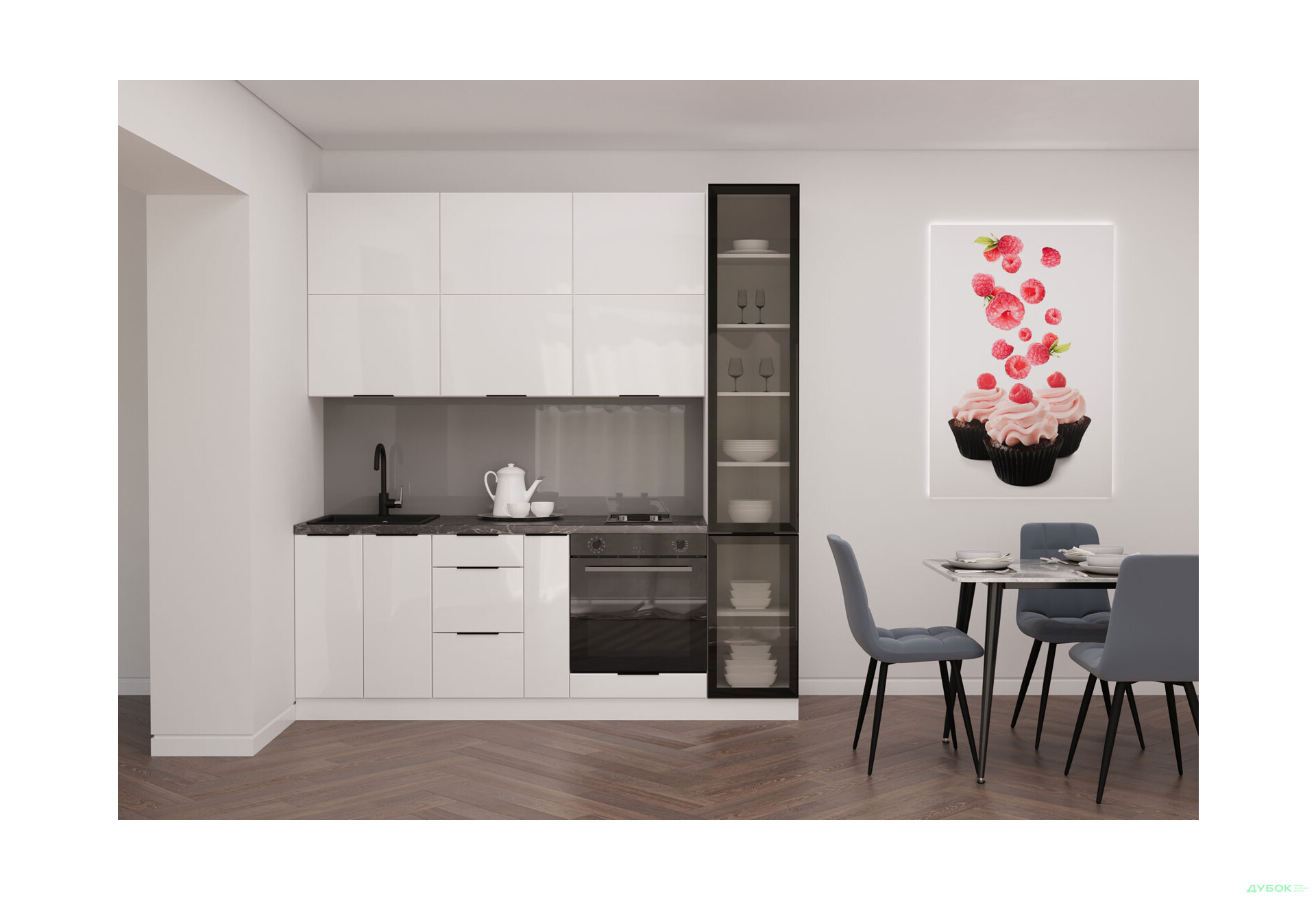 Кухня MebelStar Діплос / Diplos Blum 2.2 з вітриною, аляска біла / білий Gloss - Зображення 1 Зображення 1 - Кухня MebelStar Діплос / Diplos Blum 2.2 з вітриною, аляска біла / білий Gloss