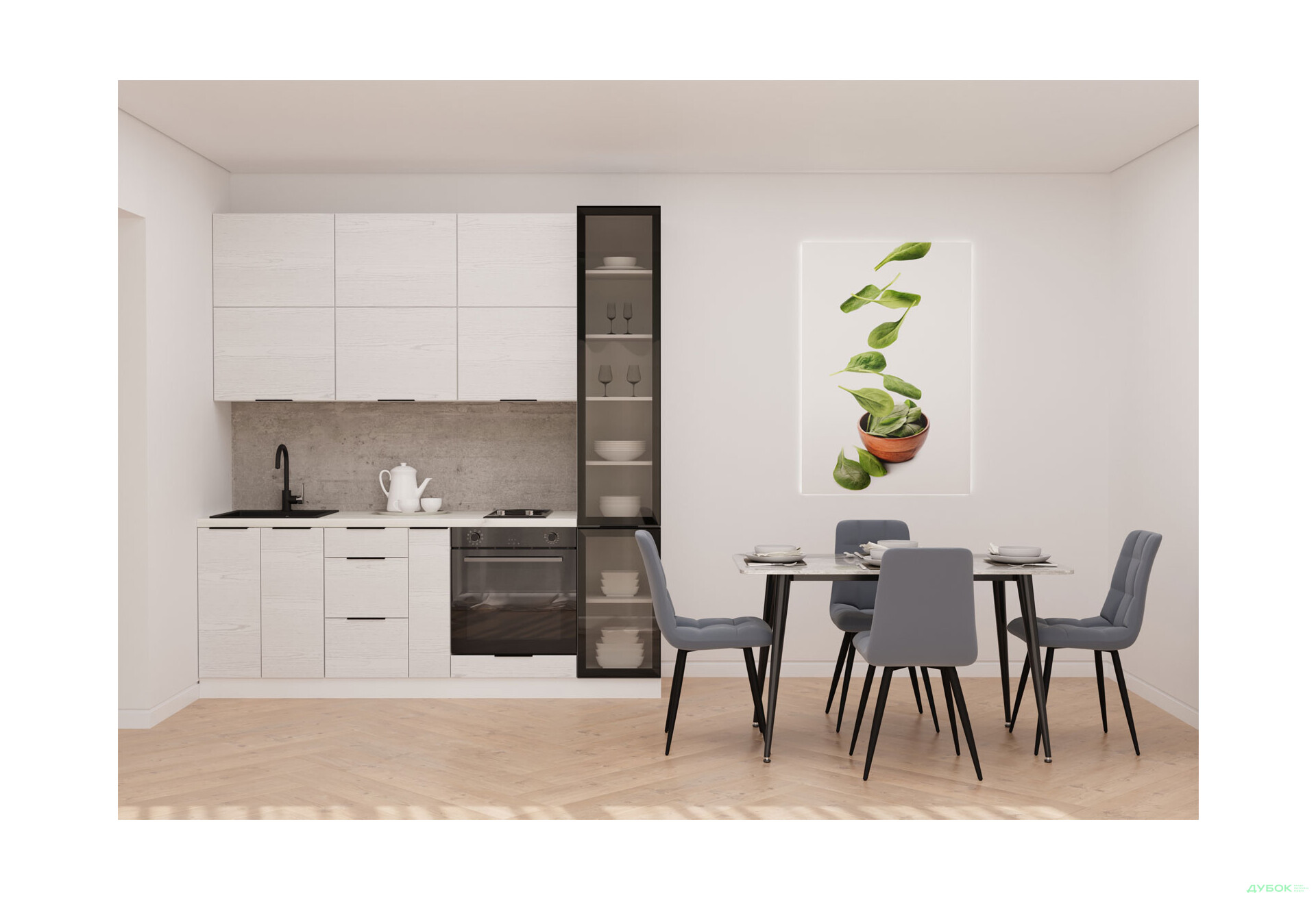 Кухня Мебель Стар Диплос / Diplos Blum 2.2 с витриной, аляска белая / белое дерево - Изображение 1 Изображение 1 - Кухня Мебель Стар Диплос / Diplos Blum 2.2 с витриной, аляска белая / белое дерево