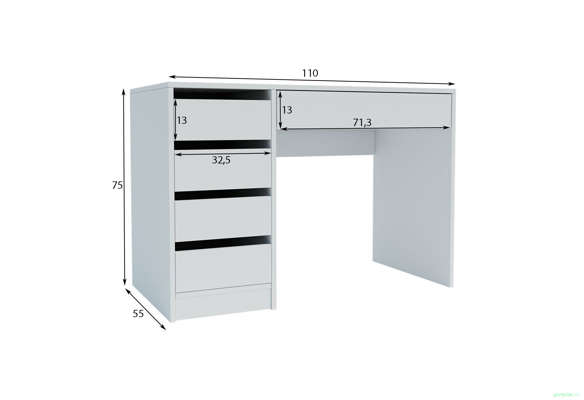 Зображення 7 - Стіл письмовий Kredens furniture Ерго / Ergo 110x55 см лівий з 5-ма шухлядами Білий