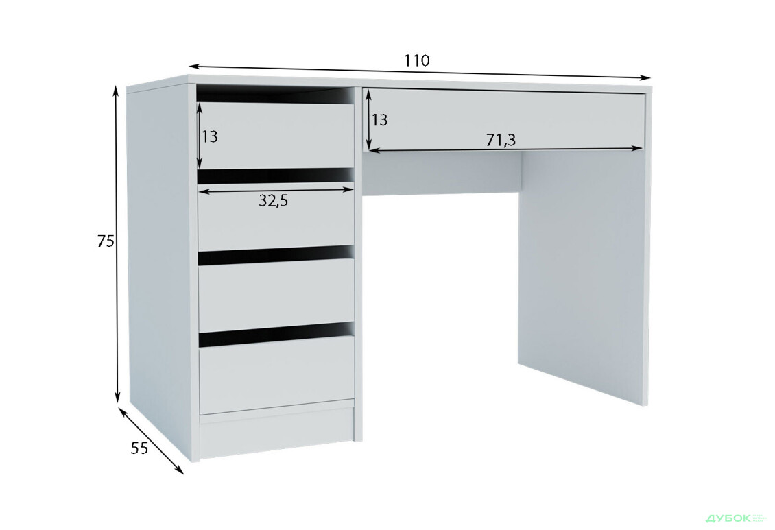 Зображення 7 - Стіл письмовий Kredens furniture Ерго / Ergo 110x55 см лівий з 5-ма шухлядами Білий