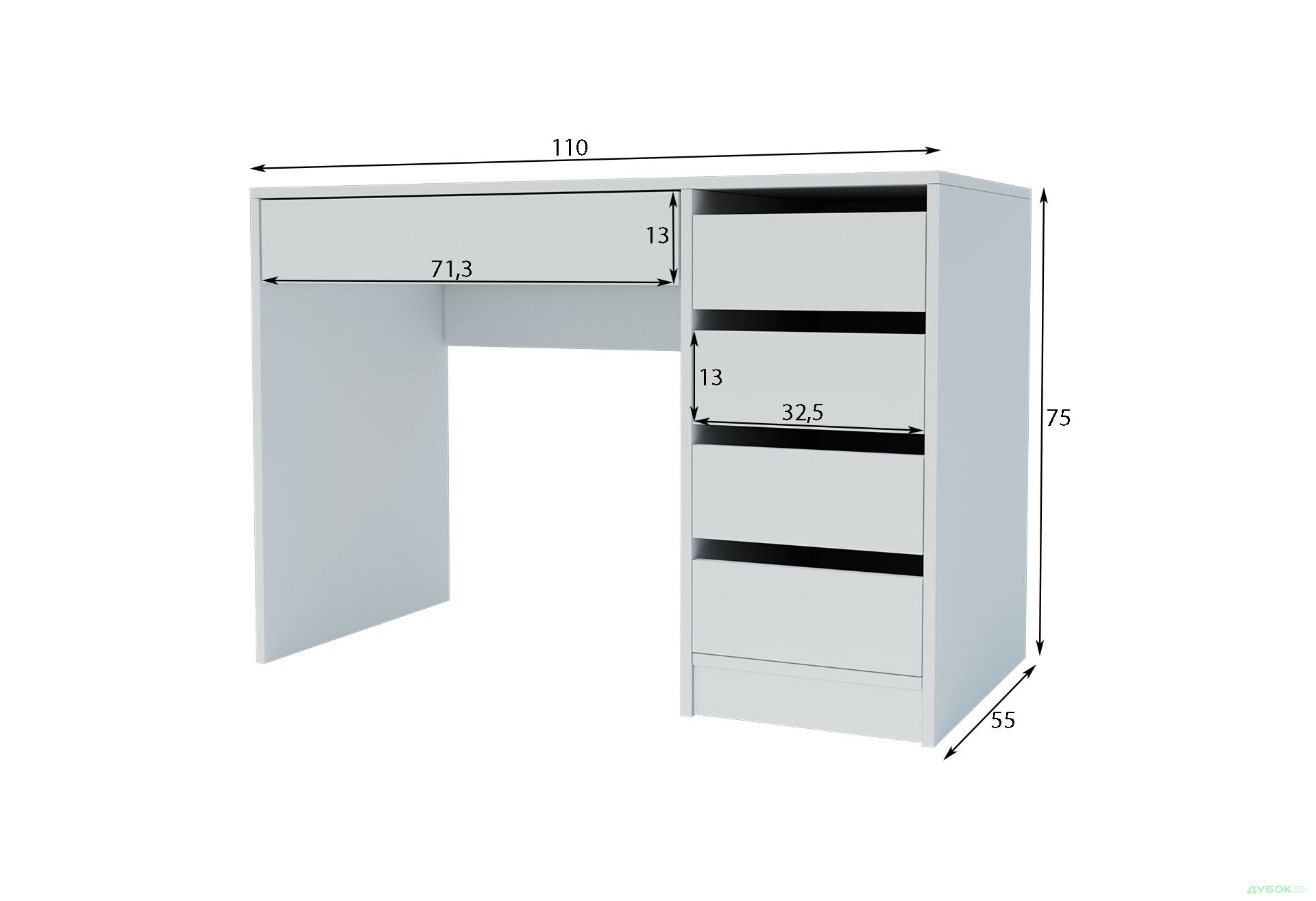 Зображення 7 - Стіл письмовий Kredens furniture Ерго / Ergo 110x55 см правий з 5-ма шухлядами Білий