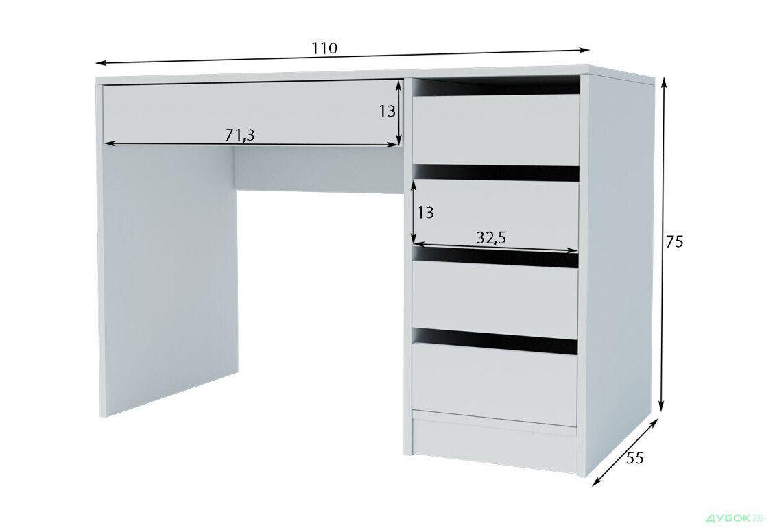 Зображення 7 - Стіл письмовий Kredens furniture Ерго / Ergo 110x55 см правий з 5-ма шухлядами Білий