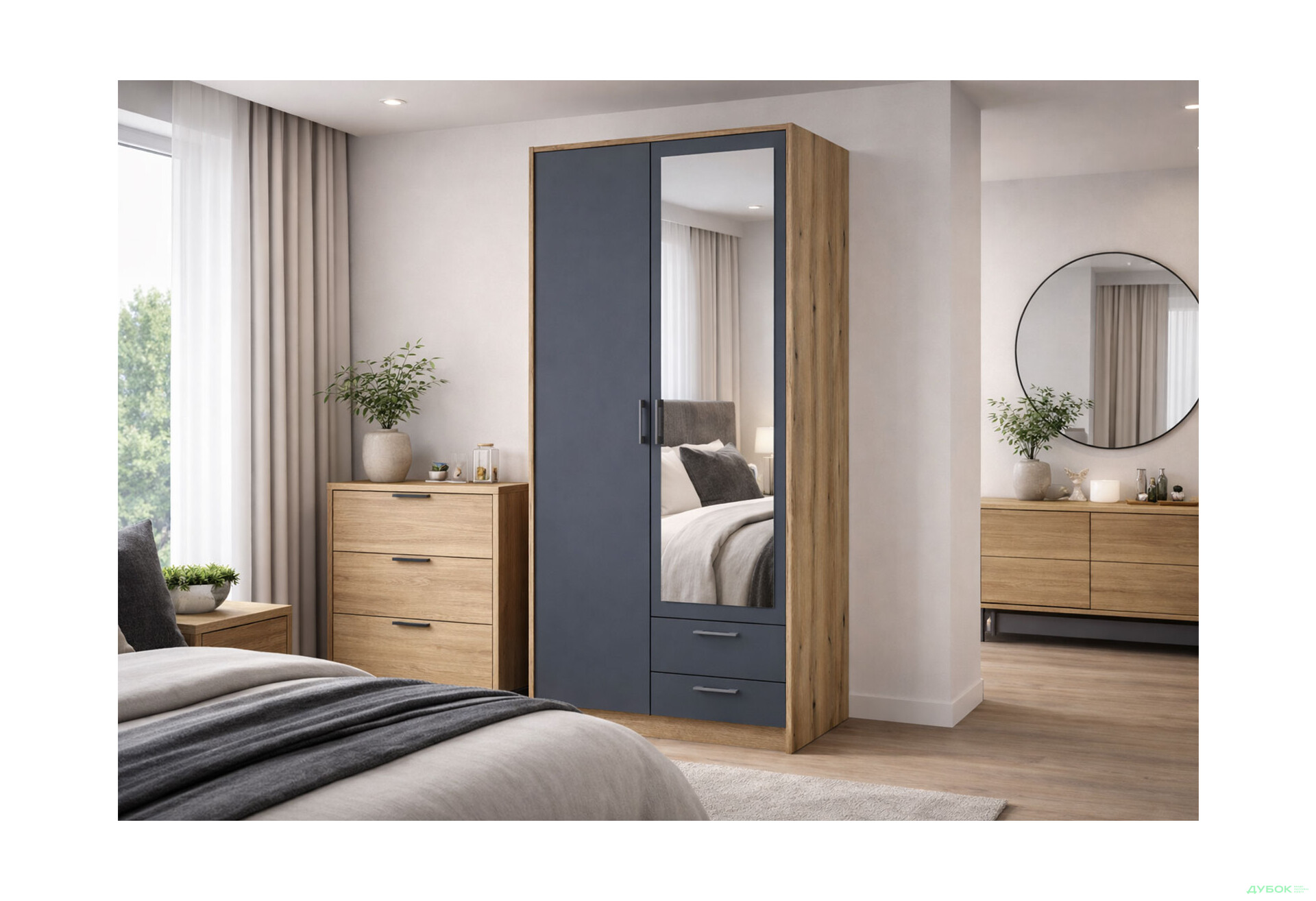 Зображення 2 - Шафа Doros Ронді 2-дверна з дзеркалом і 2 шухлядами 82 см Дуб Артізан / Графіт