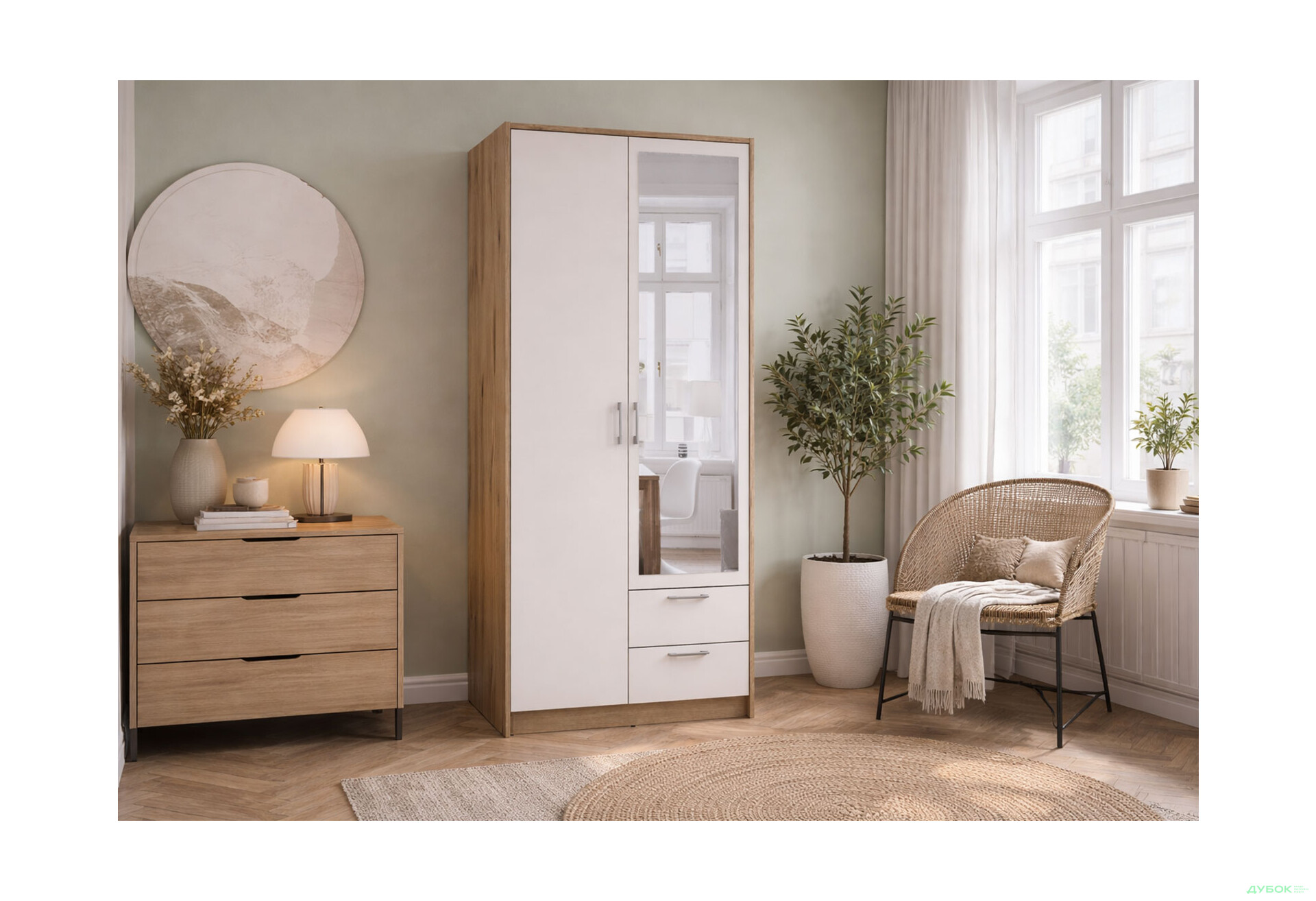 Зображення 2 - Шафа Doros Ронді 2-дверна з дзеркалом і 2 шухлядами 82 см Дуб Артізан / Кашемір