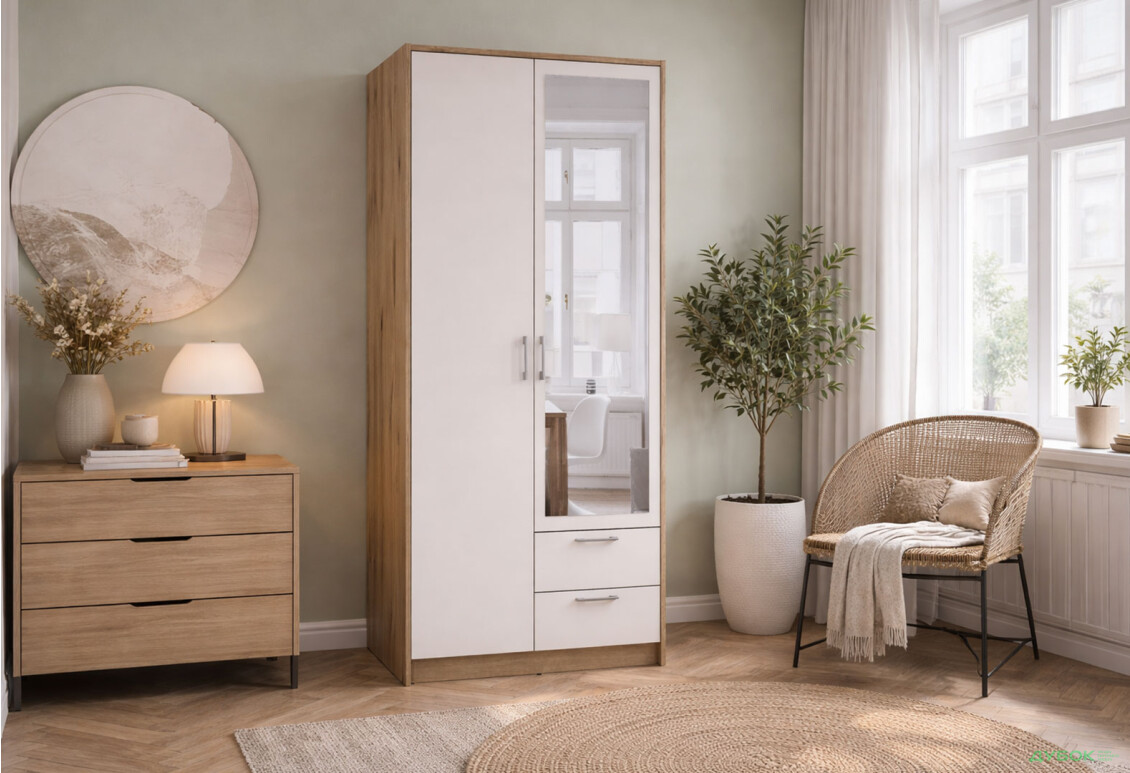 Зображення 2 - Шафа Doros Ронді 2-дверна з дзеркалом і 2 шухлядами 82 см Дуб Артізан / Кашемір
