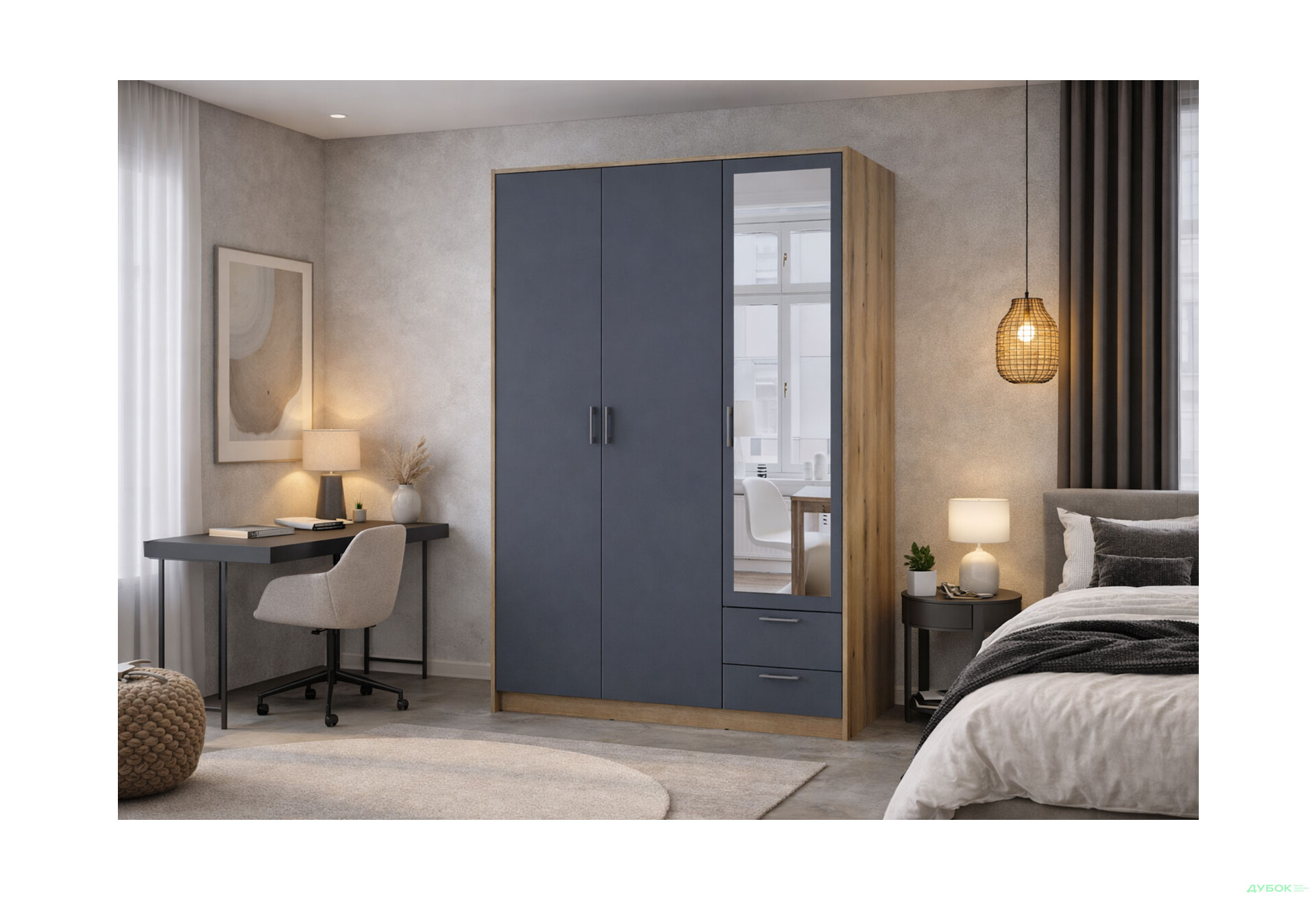 Изображение 2 - Шкаф Doros Ронди 3-дверная с зеркалом и 2 ящиками 121 см Дуб Артизан / Графит