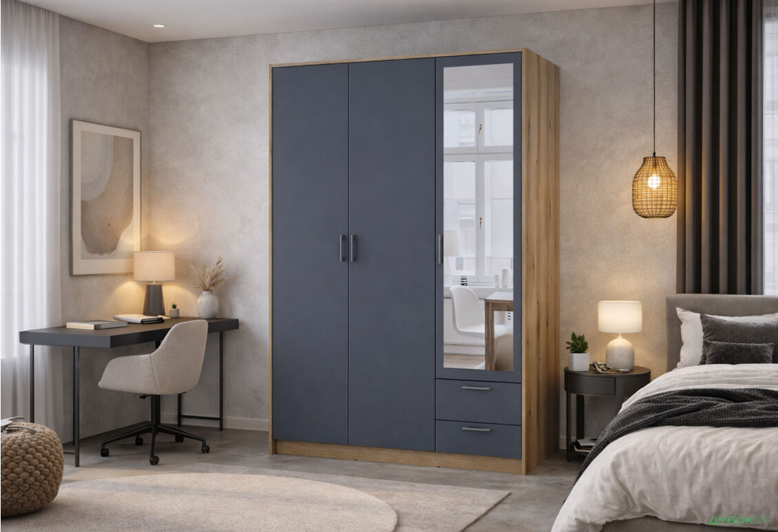 Изображение 2 - Шкаф Doros Ронди 3-дверная с зеркалом и 2 ящиками 121 см Дуб Артизан / Графит