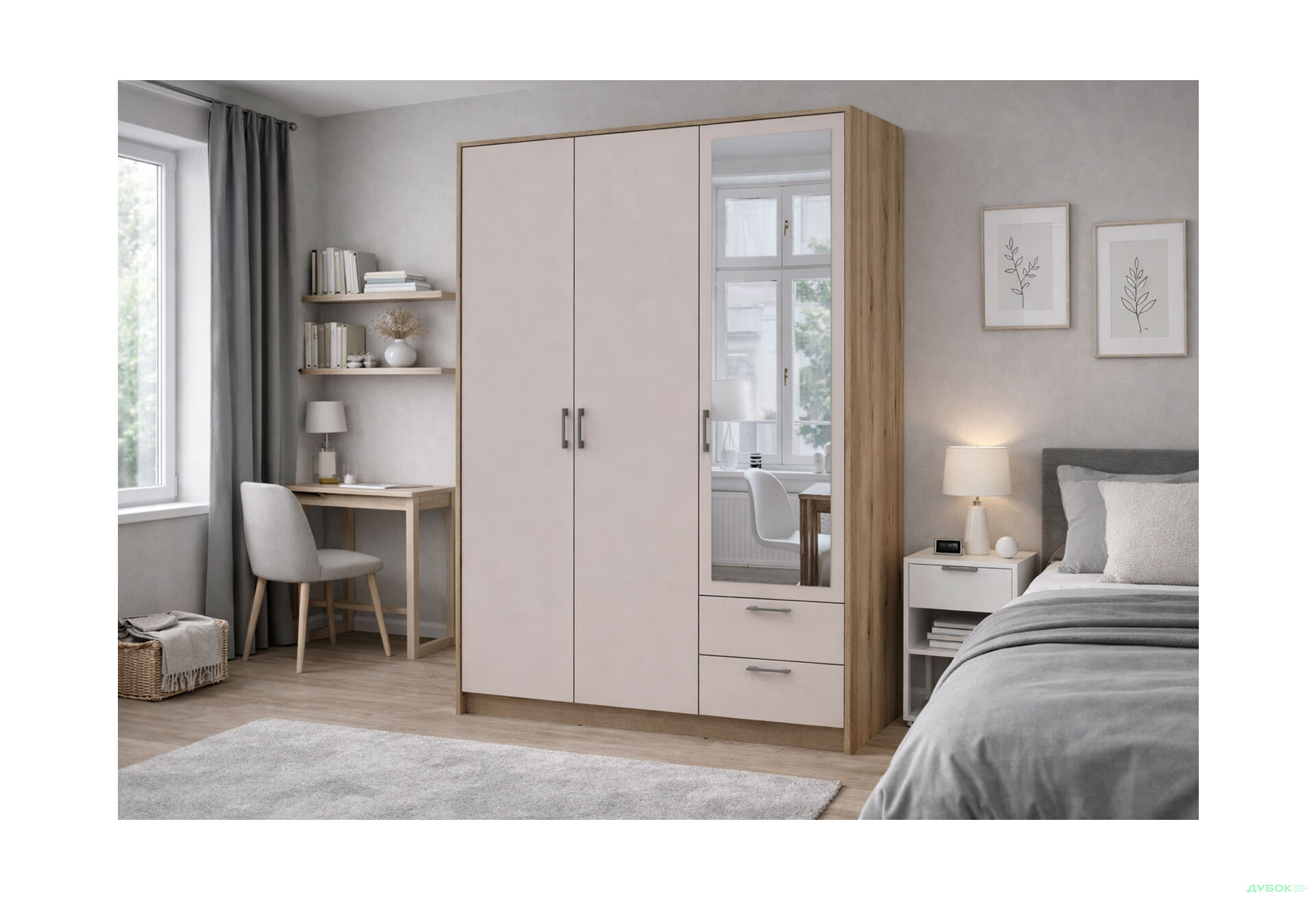 Изображение 2 - Шкаф Doros Ронди 3-дверная с зеркалом и 2 ящиками 121 см Дуб Артизан / Кашемир