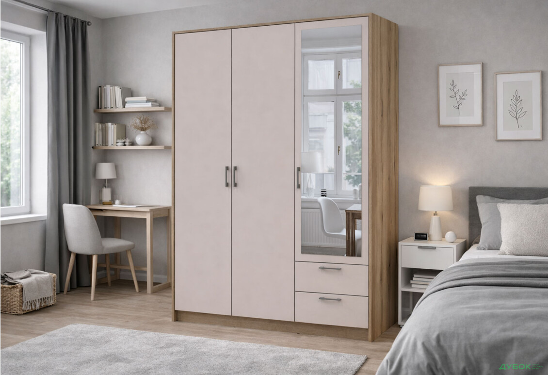 Изображение 2 - Шкаф Doros Ронди 3-дверная с зеркалом и 2 ящиками 121 см Дуб Артизан / Кашемир