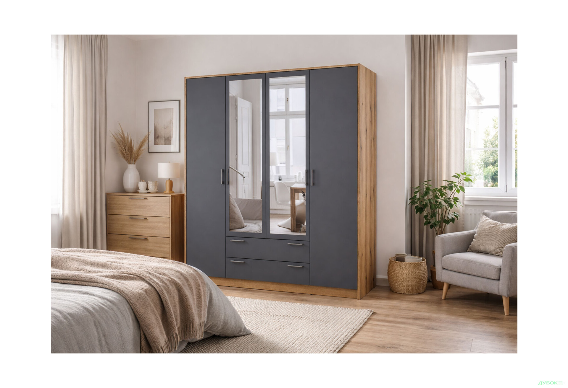 Изображение 2 - Шкаф Doros Ронди 4-дверная с зеркалом и 2 ящиками 160 см Дуб Артизан / Графит