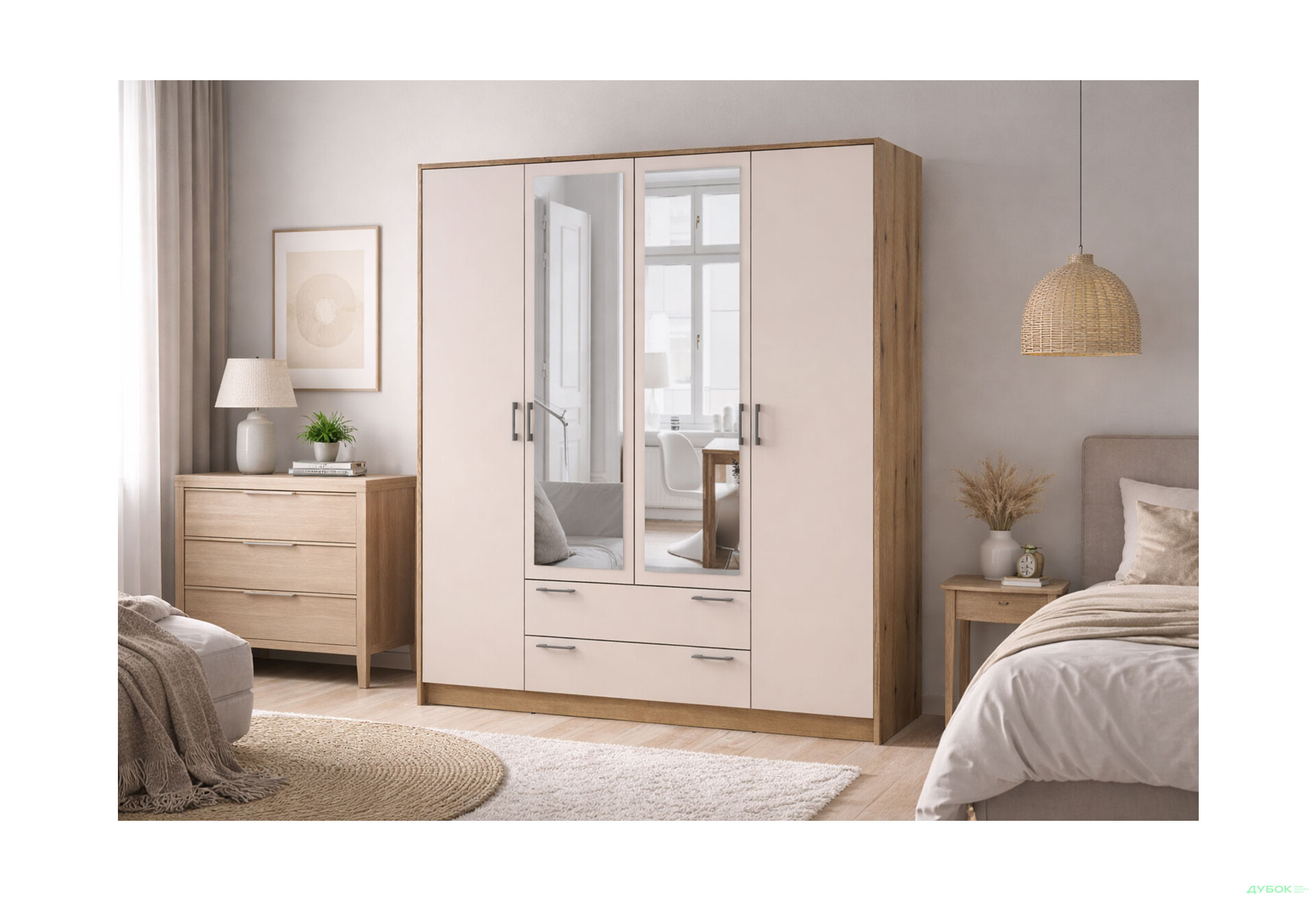 Зображення 2 - Шафа Doros Ронді 4-дверна з дзеркалом і 2 шухлядами 160 см Дуб Артізан / Кашемір