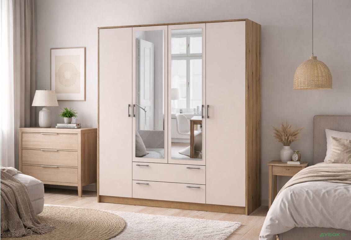 Зображення 2 - Шафа Doros Ронді 4-дверна з дзеркалом і 2 шухлядами 160 см Дуб Артізан / Кашемір