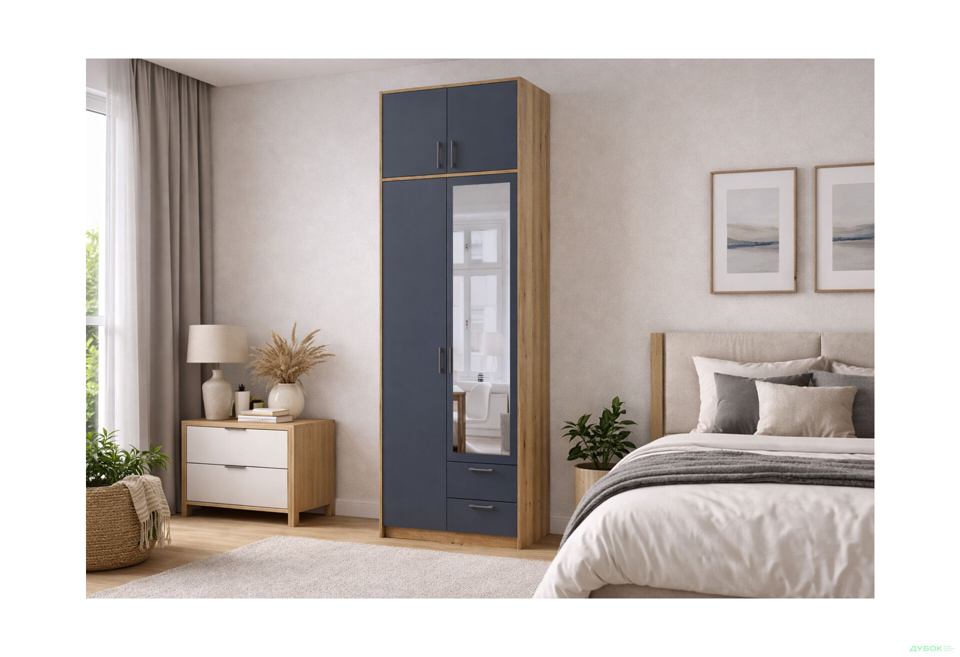 Зображення 2 - Шафа Doros Ронді 2-дверна з дзеркалом, антресоллю і 2 шухлядами 82 см Дуб Артізан / Графіт