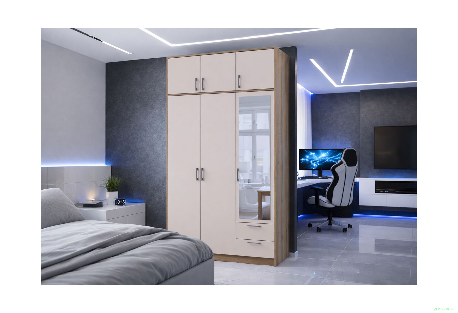 Изображение 2 - Шкаф Doros Ронди 3-дверная с зеркалом, антресолей и 2 ящиками 121 см Дуб Артизан / Кашемир