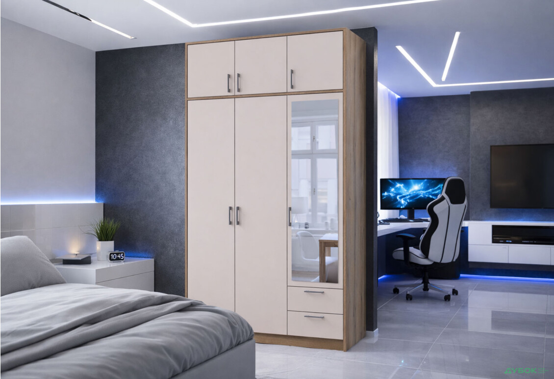 Изображение 2 - Шкаф Doros Ронди 3-дверная с зеркалом, антресолей и 2 ящиками 121 см Дуб Артизан / Кашемир