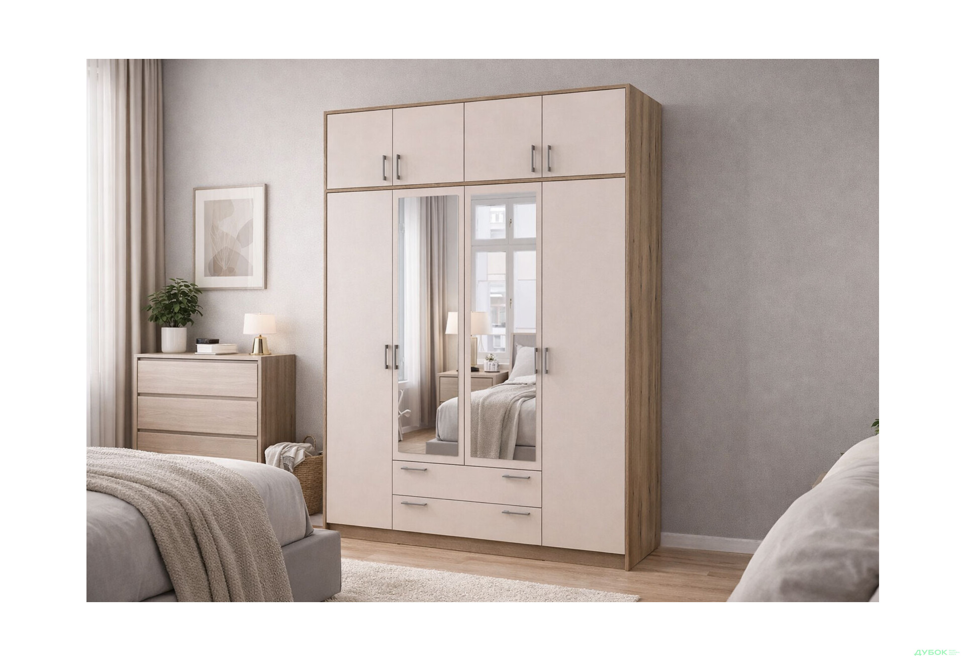 Изображение 2 - Шкаф Doros Ронди 4-дверная с зеркалом, антресолей и 2 ящиками 160 см Дуб Артизан / Кашемир