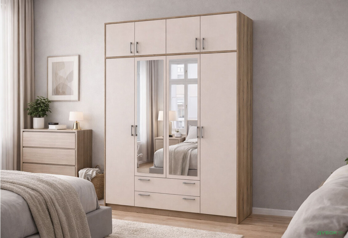 Изображение 2 - Шкаф Doros Ронди 4-дверная с зеркалом, антресолей и 2 ящиками 160 см Дуб Артизан / Кашемир