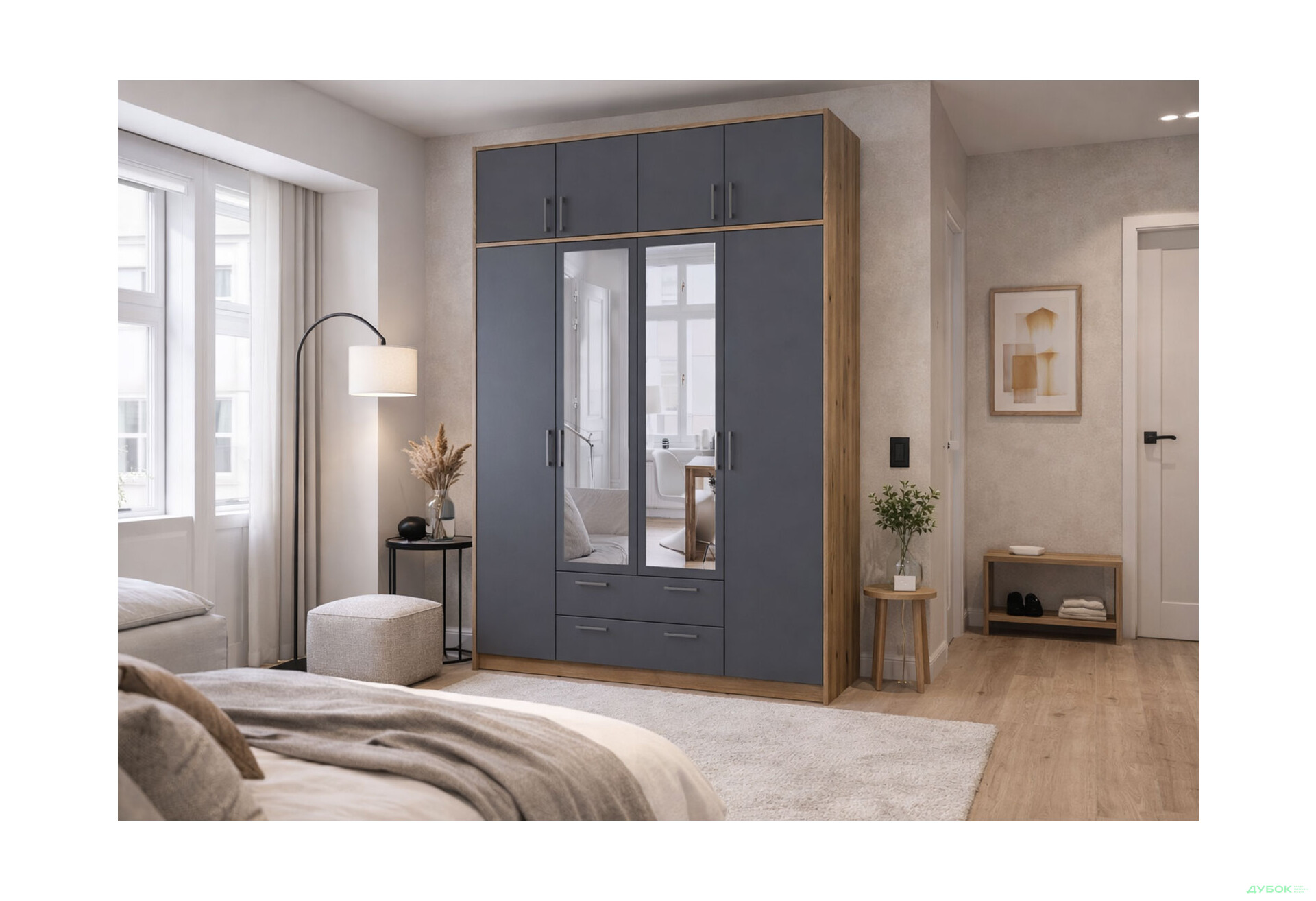 Изображение 2 - Шкаф Doros Ронди 4-дверная с зеркалом, антресолей и 2 ящиками 160 см Дуб Артизан / Графит