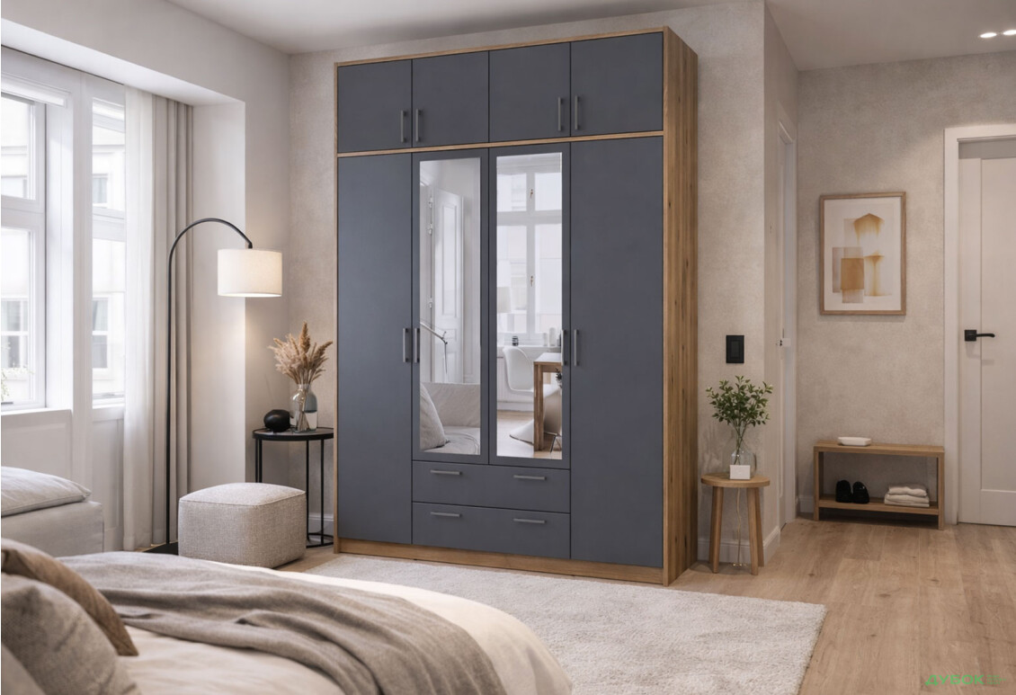 Изображение 2 - Шкаф Doros Ронди 4-дверная с зеркалом, антресолей и 2 ящиками 160 см Дуб Артизан / Графит