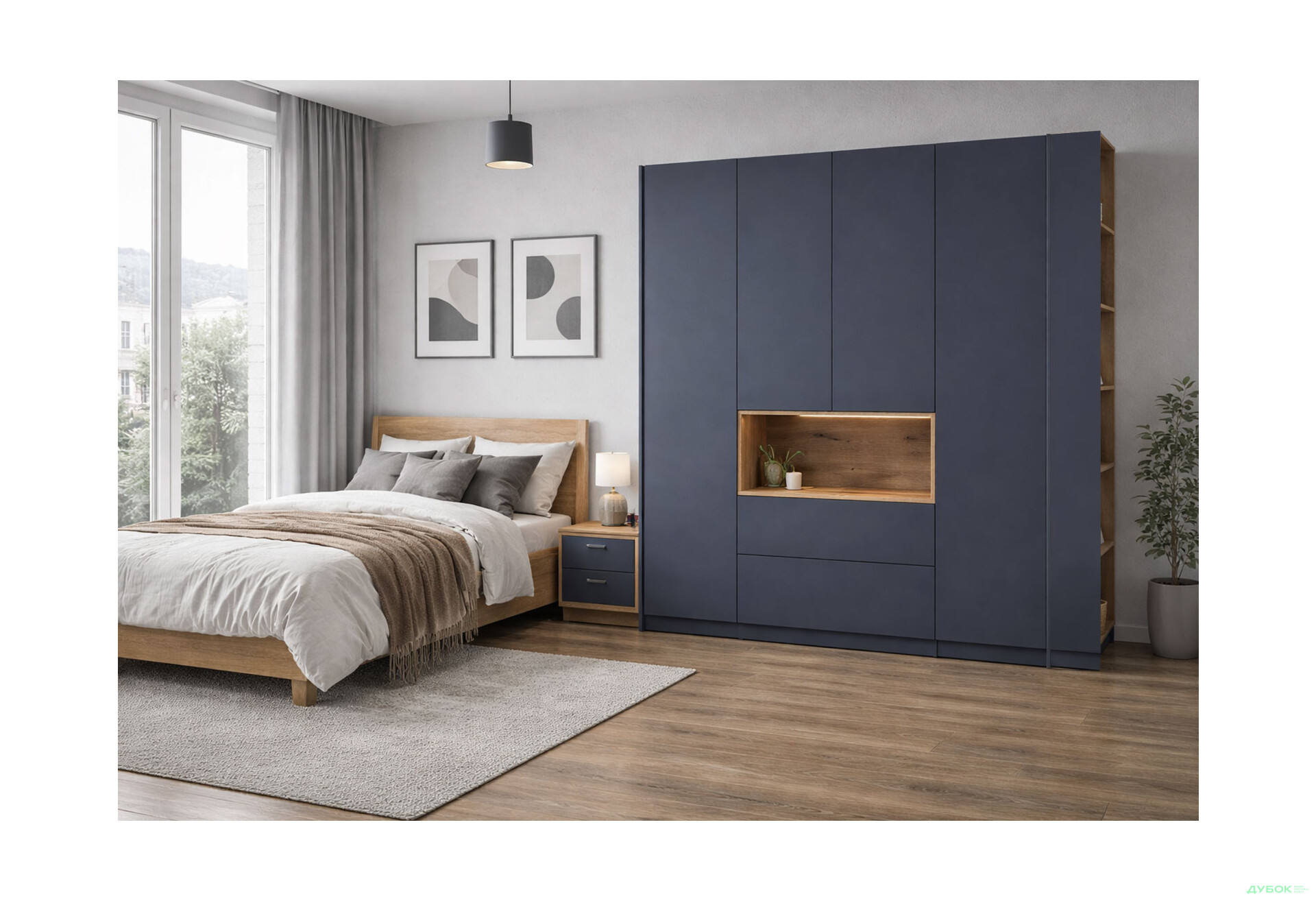 Зображення 2 - Шафа Doros Дейл 4-дверна з нішею та 2 шухлядами + етажерка 234 см, Графіт / Дуб евок