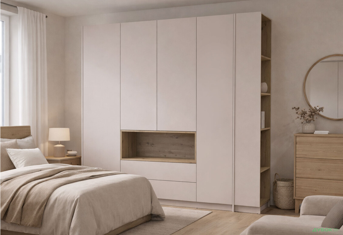 Зображення 2 - Шафа Doros Дейл 4-дверна з нішею та 2 шухлядами + етажерка 234 см, Кашемір / Дуб Артізан