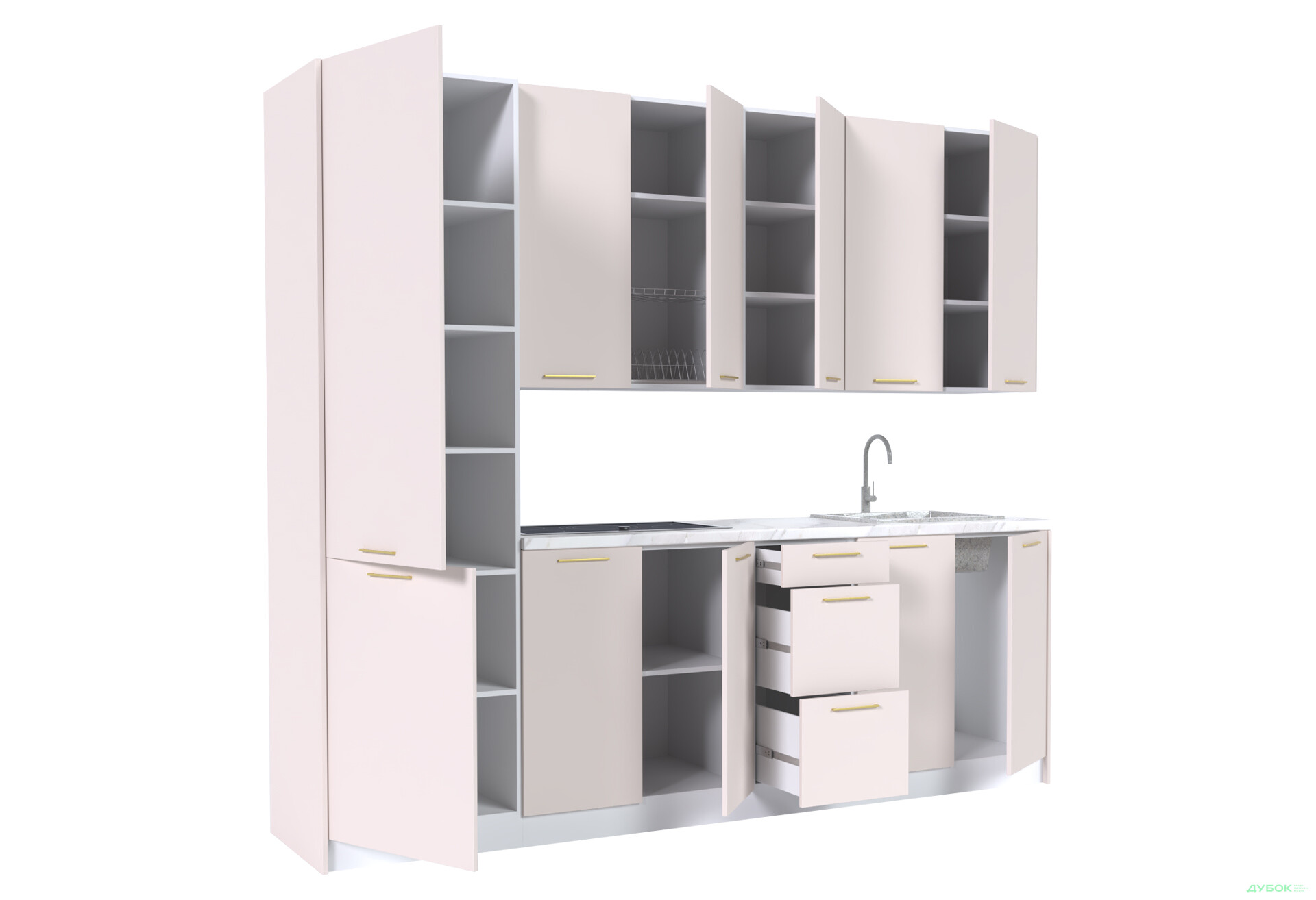 Кухня MiroMark Лео / Leo 260 см, білий / кашемір, ручки золото - Зображення 3 Зображення 3 - Кухня MiroMark Лео / Leo 260 см, білий / кашемір, ручки золото