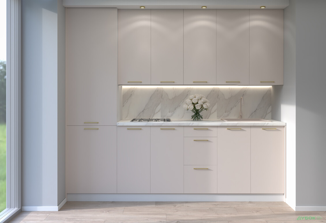 Кухня MiroMark Лео / Leo 260 см, білий / кашемір, ручки золото - Зображення 1 Зображення 1 - Кухня MiroMark Лео / Leo 260 см, білий / кашемір, ручки золото