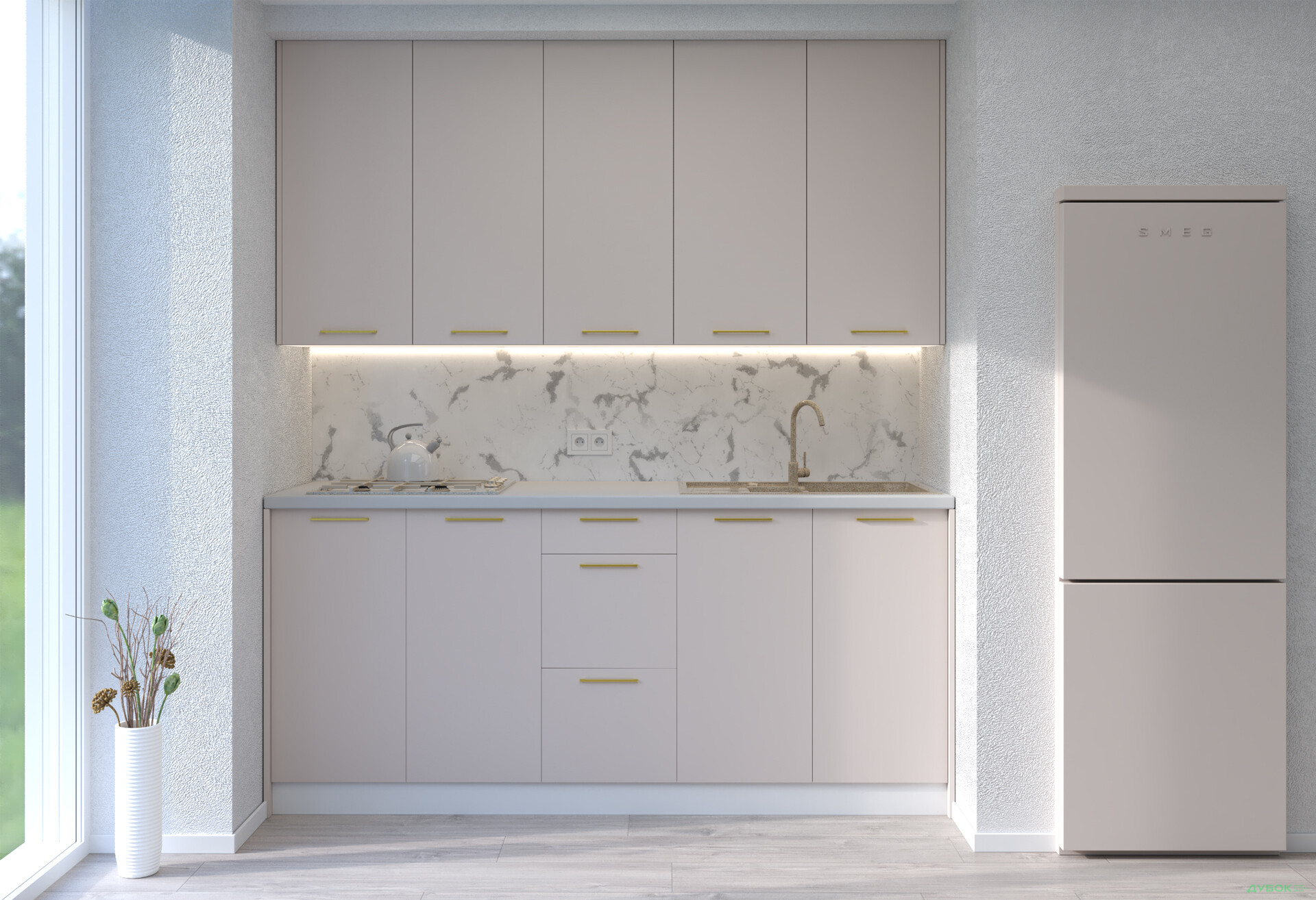 Кухня MiroMark Лео / Leo 200 см, білий / кашемір, ручки золото - Зображення 1 Зображення 1 - Кухня MiroMark Лео / Leo 200 см, білий / кашемір, ручки золото