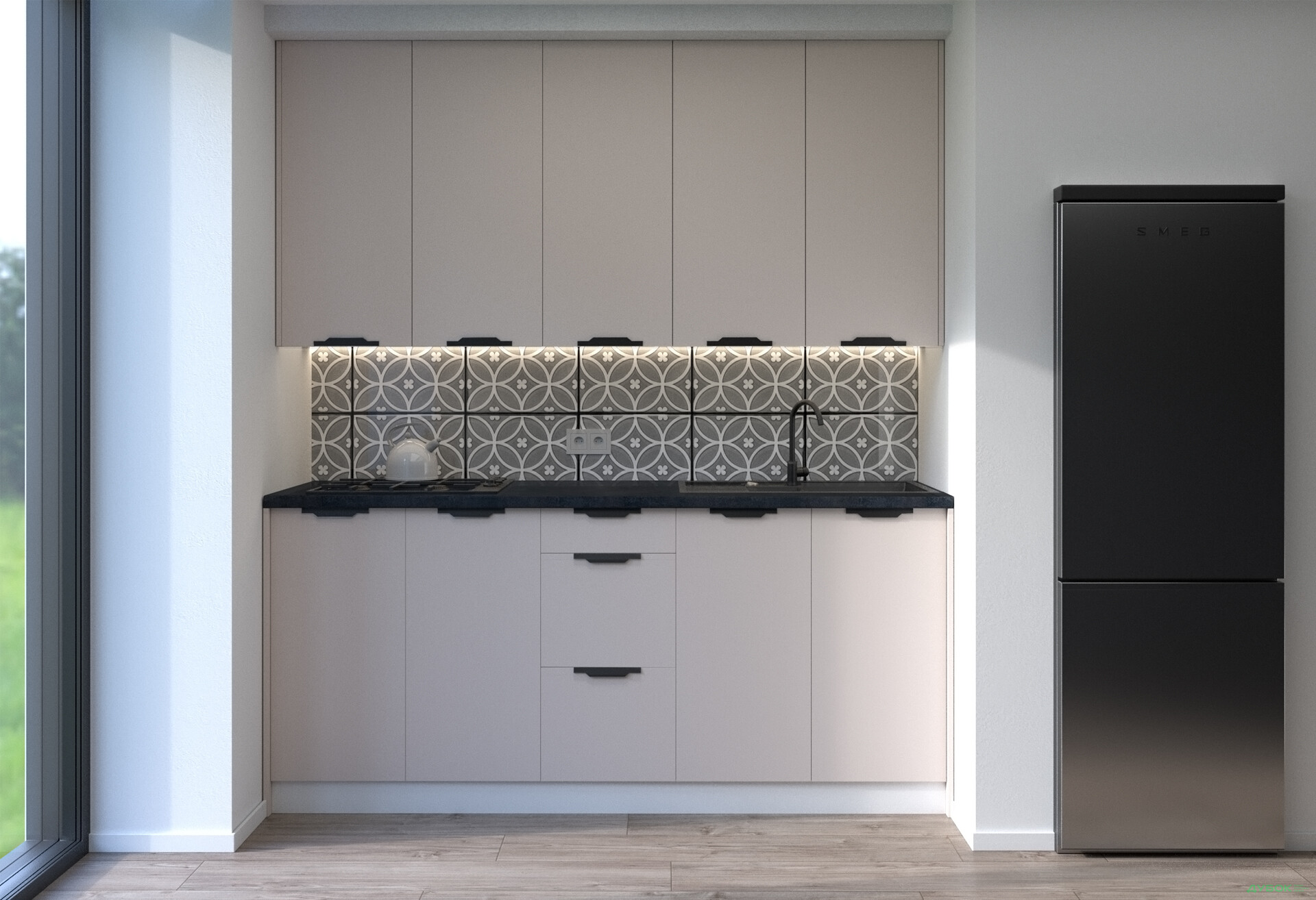 Кухня MiroMark Лео / Leo 200 см, білий / кашемір, ручки чорні - Зображення 1 Зображення 1 - Кухня MiroMark Лео / Leo 200 см, білий / кашемір, ручки чорні