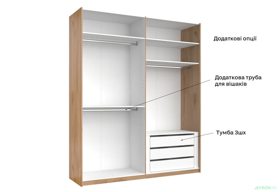 Шафа-купе MiroMark Асті 2-дверна 200х240 см фасади Дуб крафт/ Глянець Білий серія Н - Зображення 14 Зображення 14 - Шафа-купе MiroMark Асті 2-дверна 200х240 см фасади Дуб крафт/ Глянець Білий серія Н