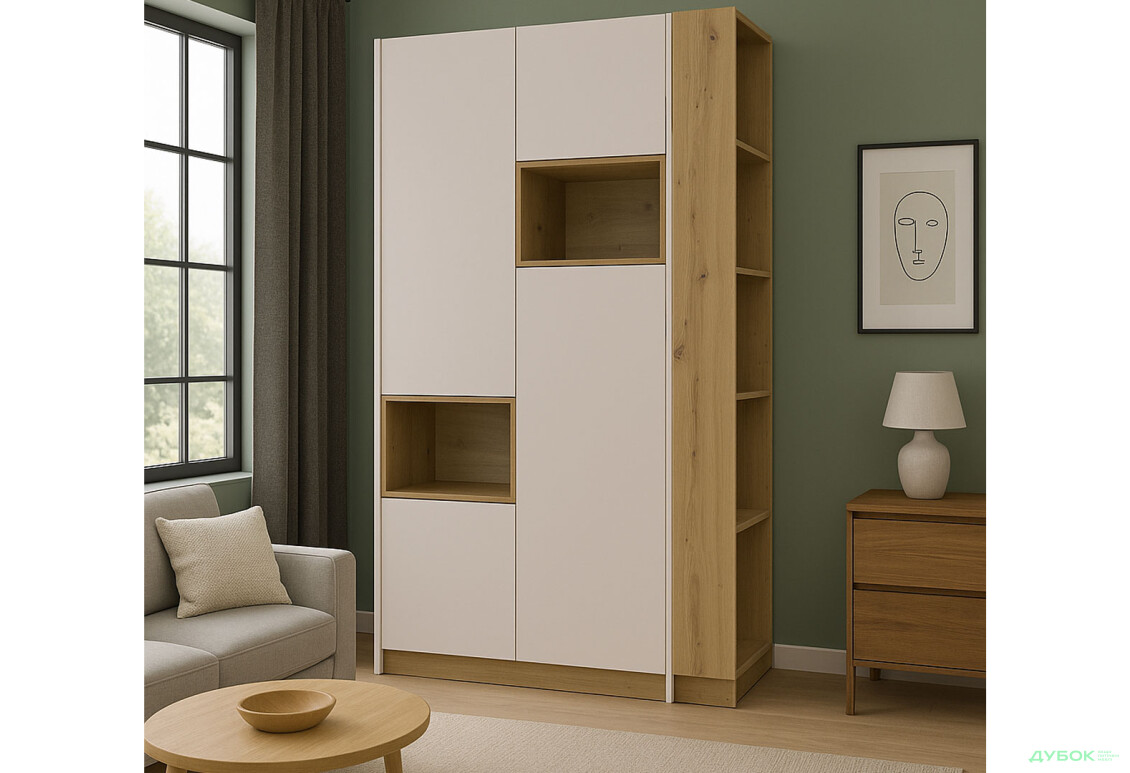 Зображення 2 - Шафа Doros Дейл 2-дверна з нішею + етажерка 143.2 см, Кашемір / Дуб Артізан / Кашемір