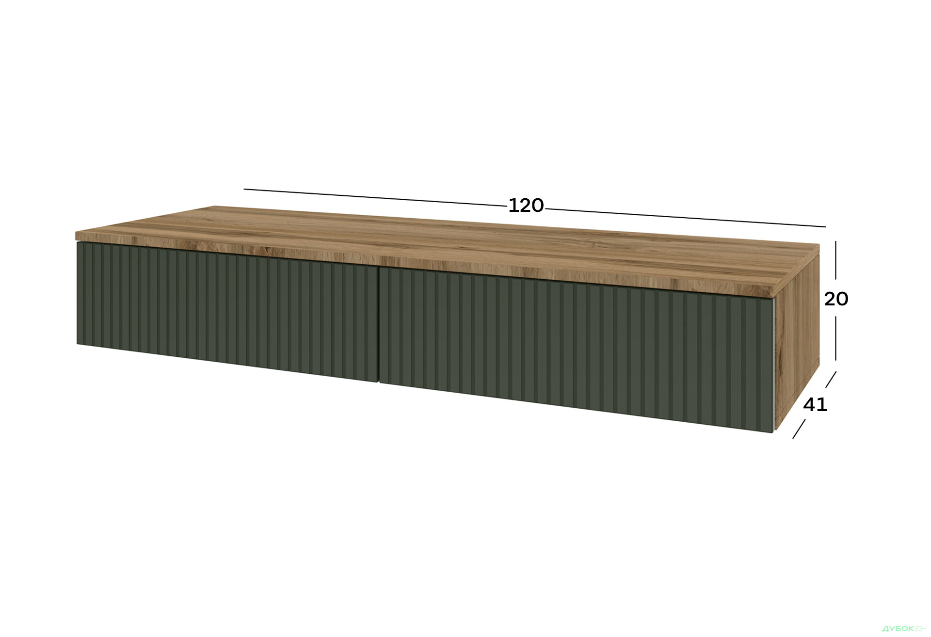 Тумба під ТВ Київський стандарт навісна ТН-01 з 2 шухлядами 120 см, дуб аппалачі / темно-зелений хакі софт - Зображення 3 Зображення 3 - Тумба під ТВ Київський стандарт навісна ТН-01 з 2 шухлядами 120 см, дуб аппалачі / темно-зелений хакі софт