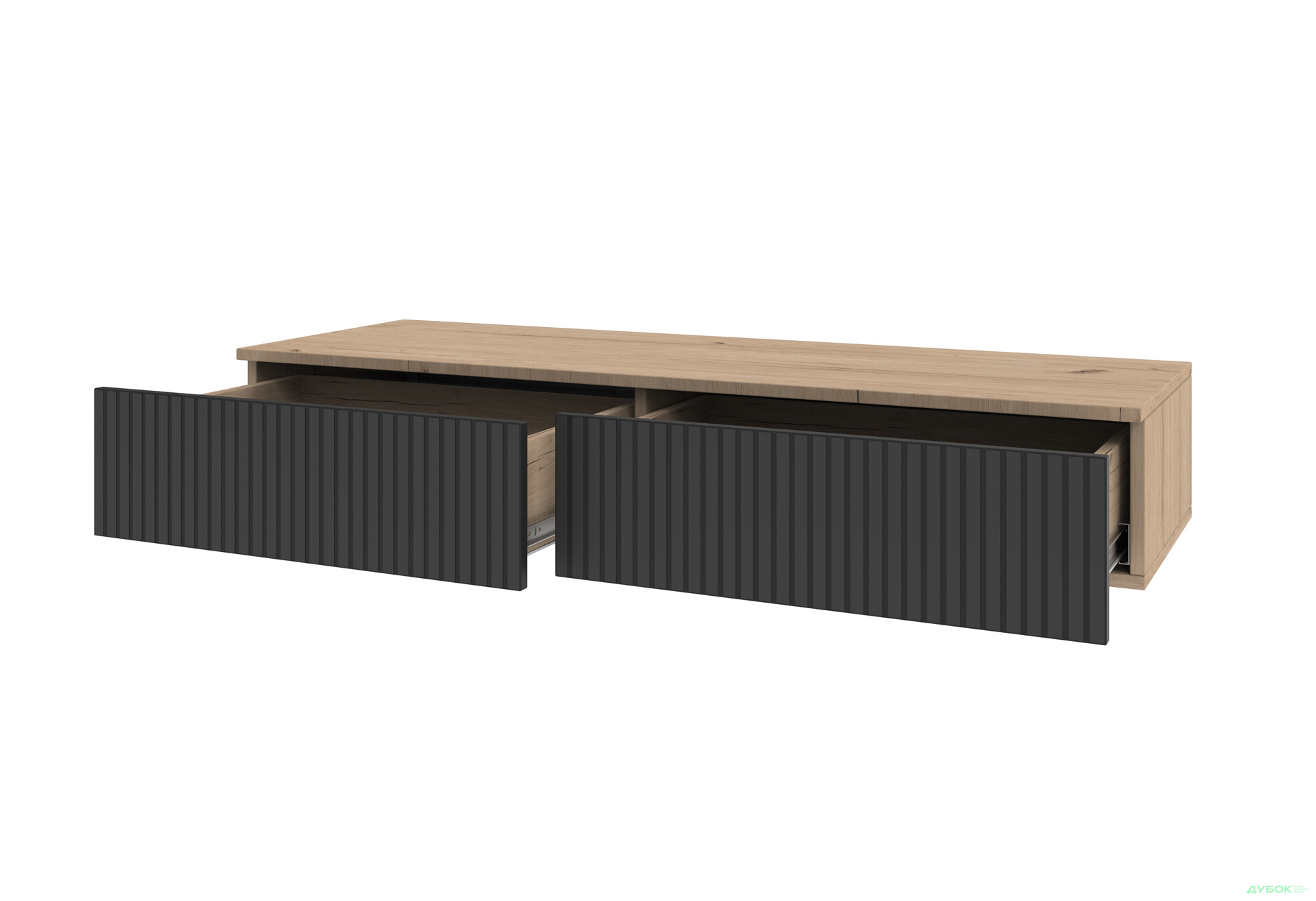Тумба під ТВ Київський стандарт навісна ТН-01 з 2 шухлядами 120 см, дуб рая / чорний софт - Зображення 3 Зображення 3 - Тумба під ТВ Київський стандарт навісна ТН-01 з 2 шухлядами 120 см, дуб рая / чорний софт