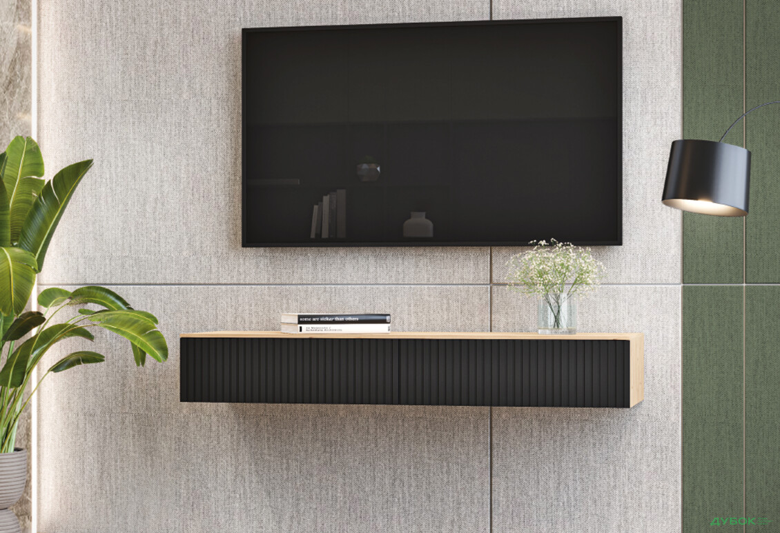 Тумба під ТВ Київський стандарт навісна ТН-01 з 2 шухлядами 120 см, дуб рая / чорний софт - Зображення 2 Зображення 2 - Тумба під ТВ Київський стандарт навісна ТН-01 з 2 шухлядами 120 см, дуб рая / чорний софт