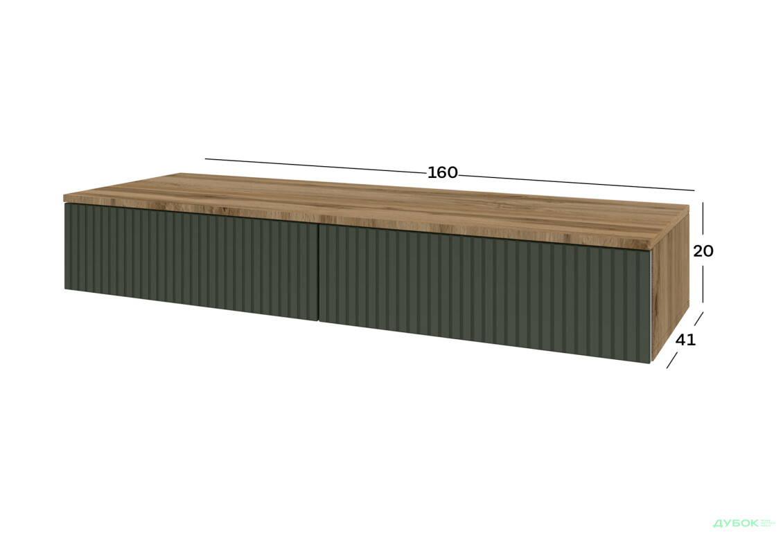 Тумба під ТВ Київський стандарт навісна ТН-01 з 2 шухлядами 160 см, дуб аппалачі / темно-зелений хакі софт - Зображення 3 Зображення 3 - Тумба під ТВ Київський стандарт навісна ТН-01 з 2 шухлядами 160 см, дуб аппалачі / темно-зелений хакі софт