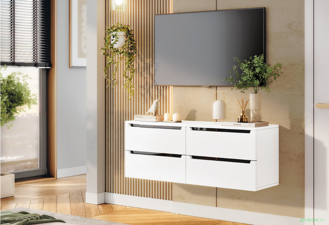 Тумба під ТВ Київський стандарт навісна ТН-03 з 4 шухлядами та склом 120 см, німфея альба / білий глянець - Зображення 2 Зображення 2 - Тумба під ТВ Київський стандарт навісна ТН-03 з 4 шухлядами та склом 120 см, німфея альба / білий глянець