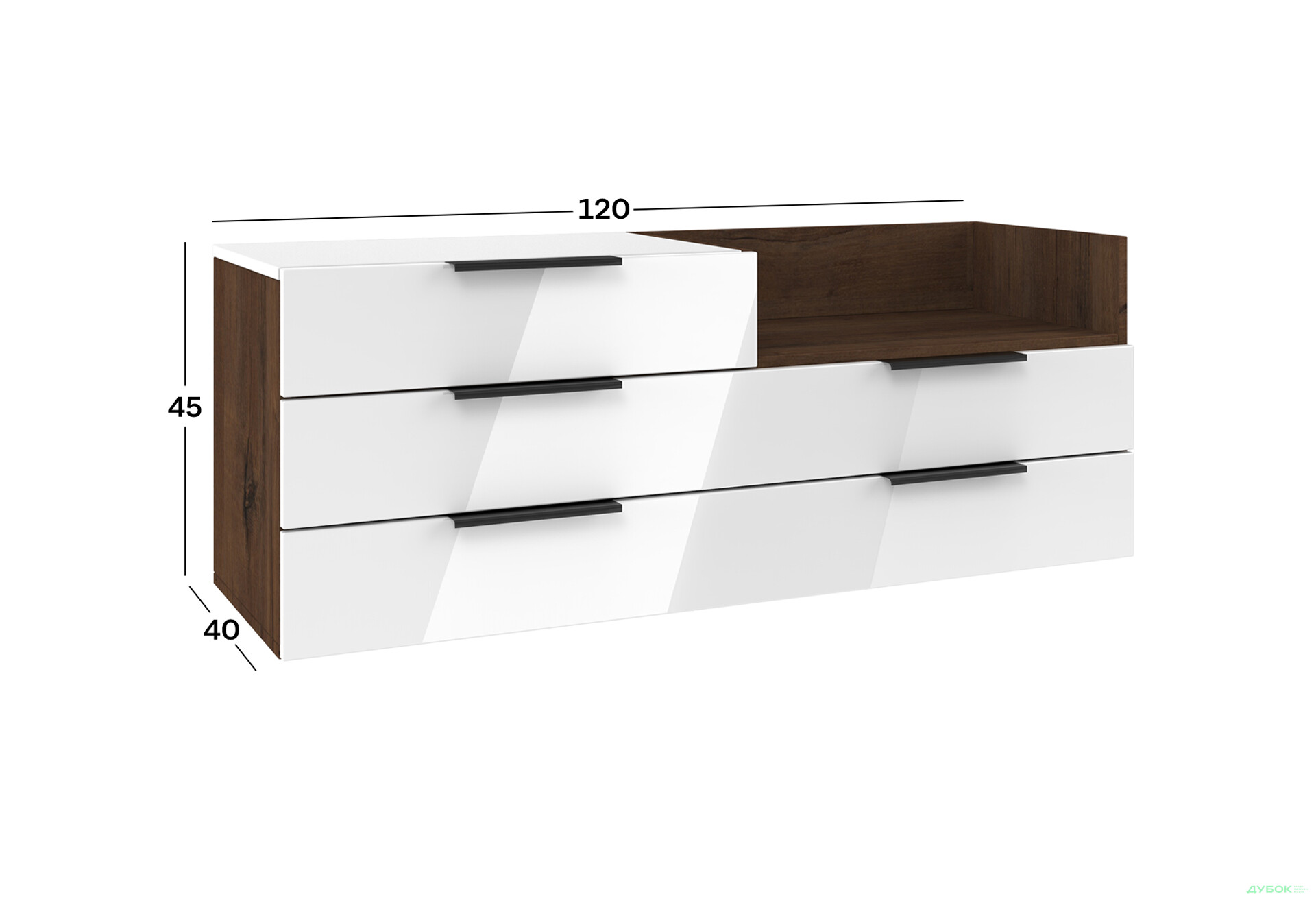 Тумба під ТВ Київський стандарт навісна ТН-04 права з 5 шухлядами та полицею 120 см, горіх макадамія / білий глянець - Зображення 4 Зображення 4 - Тумба під ТВ Київський стандарт навісна ТН-04 права з 5 шухлядами та полицею 120 см, горіх макадамія / білий глянець