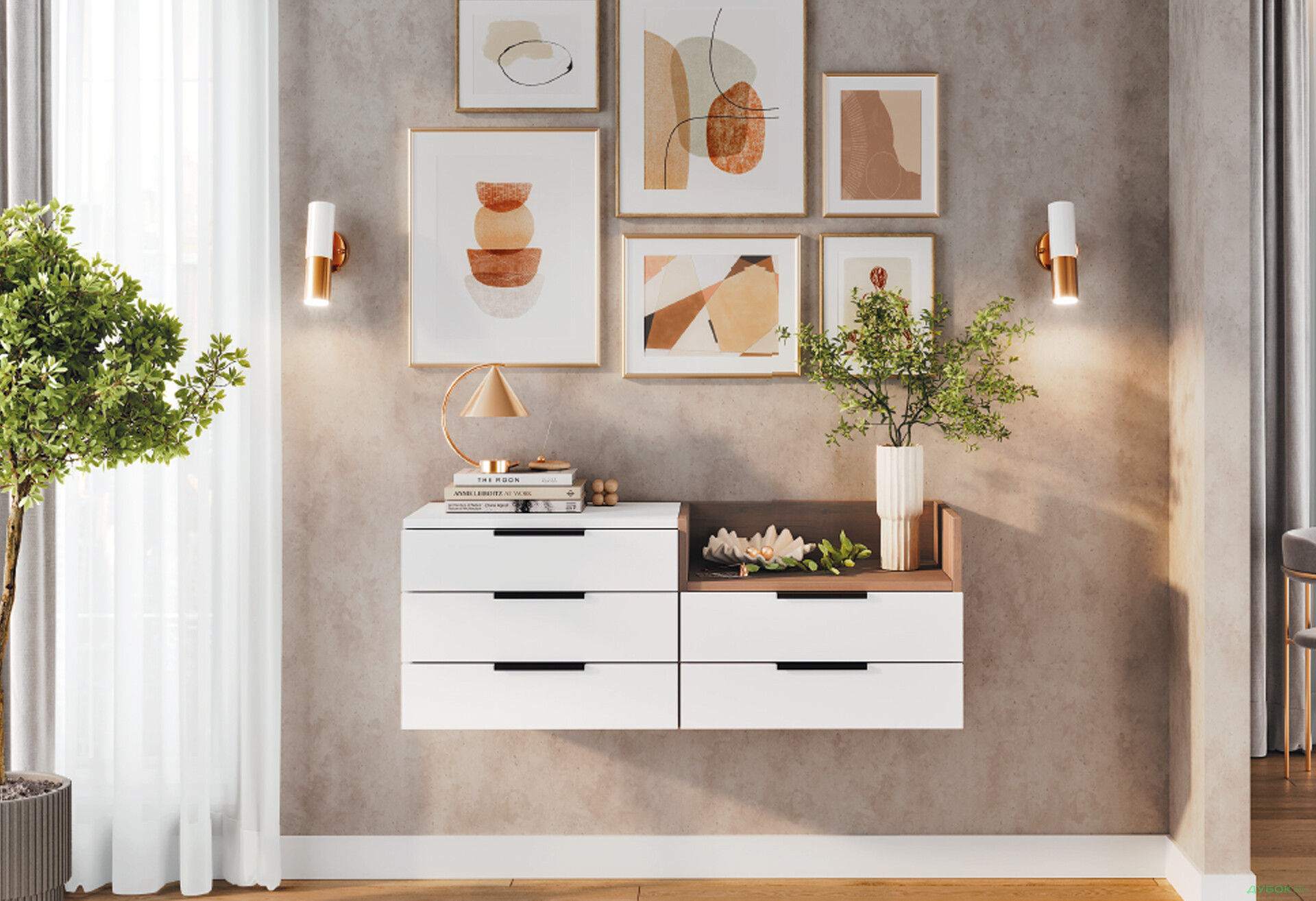 Тумба під ТВ Київський стандарт навісна ТН-04 права з 5 шухлядами та полицею 120 см, горіх макадамія / білий глянець - Зображення 2 Зображення 2 - Тумба під ТВ Київський стандарт навісна ТН-04 права з 5 шухлядами та полицею 120 см, горіх макадамія / білий глянець