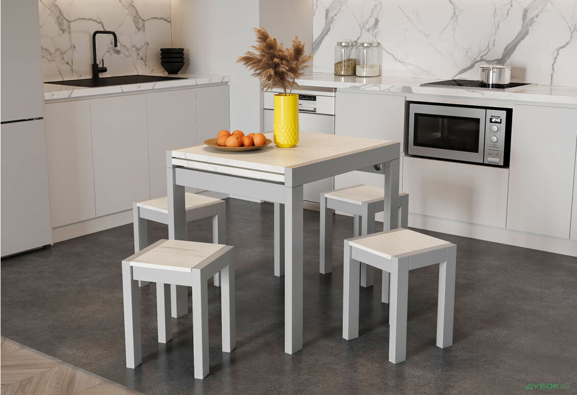Комплект Крос розкладний стіл + 4 табурети сірий / дуб крафт білий Kredens furniture