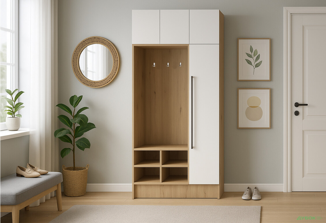 Передпокій Київський стандарт Лайн Елегант Д 4-дверна з гачками 125 см Дуб рая / Німфея альба - Зображення 2 Зображення 2 - Передпокій Київський стандарт Лайн Елегант Д 4-дверна з гачками 125 см Дуб рая / Німфея альба