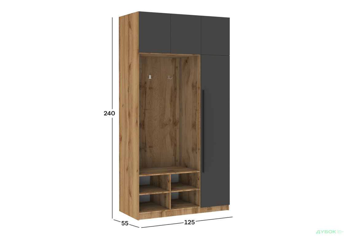 Передпокій Київський стандарт Лайн Елегант Д 4-дверна з гачками 125 см Дуб аппалачі / Антрацит - Зображення 5 Зображення 5 - Передпокій Київський стандарт Лайн Елегант Д 4-дверна з гачками 125 см Дуб аппалачі / Антрацит