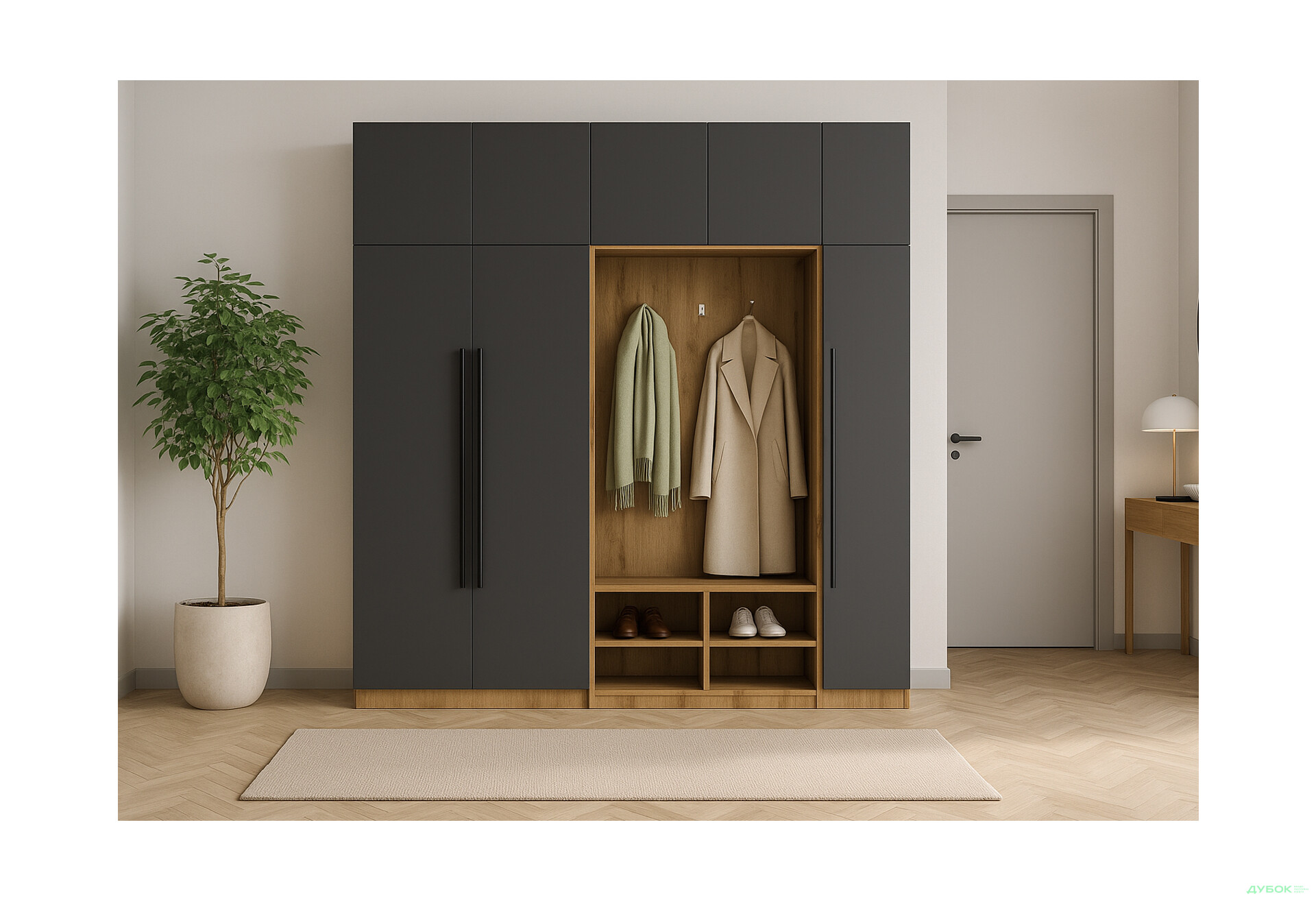 Прихожая Киевский стандарт Лайн Элегант Д 8-дверный с гачками 215 см Дуб аппалачи / Антрацит - Изображение 2 Изображение 2 - Прихожая Киевский стандарт Лайн Элегант Д 8-дверный с гачками 215 см Дуб аппалачи / Антрацит