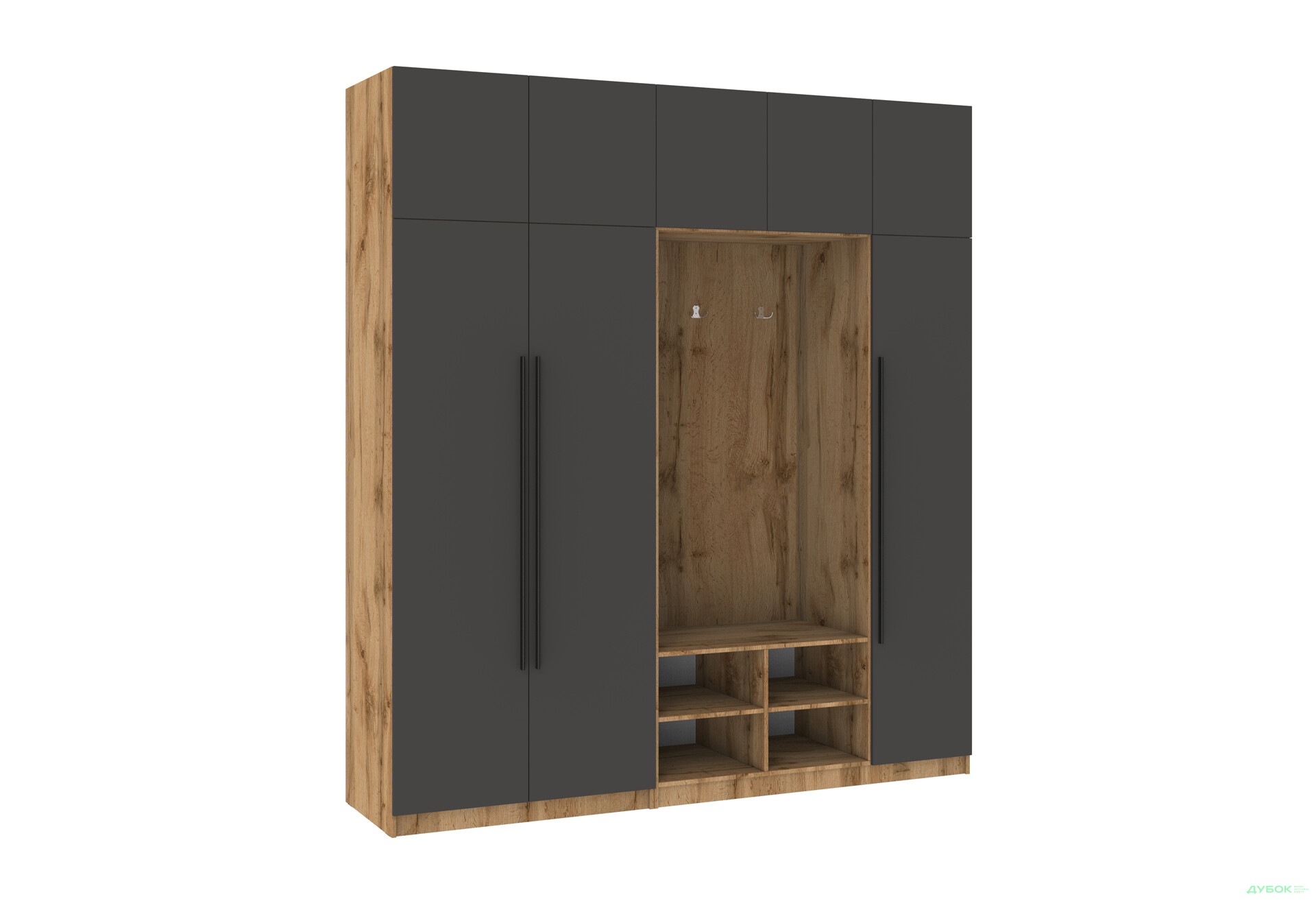 Прихожая Киевский стандарт Лайн Элегант Д 8-дверный с гачками 215 см Дуб аппалачи / Антрацит - Изображение 1 Изображение 1 - Прихожая Киевский стандарт Лайн Элегант Д 8-дверный с гачками 215 см Дуб аппалачи / Антрацит