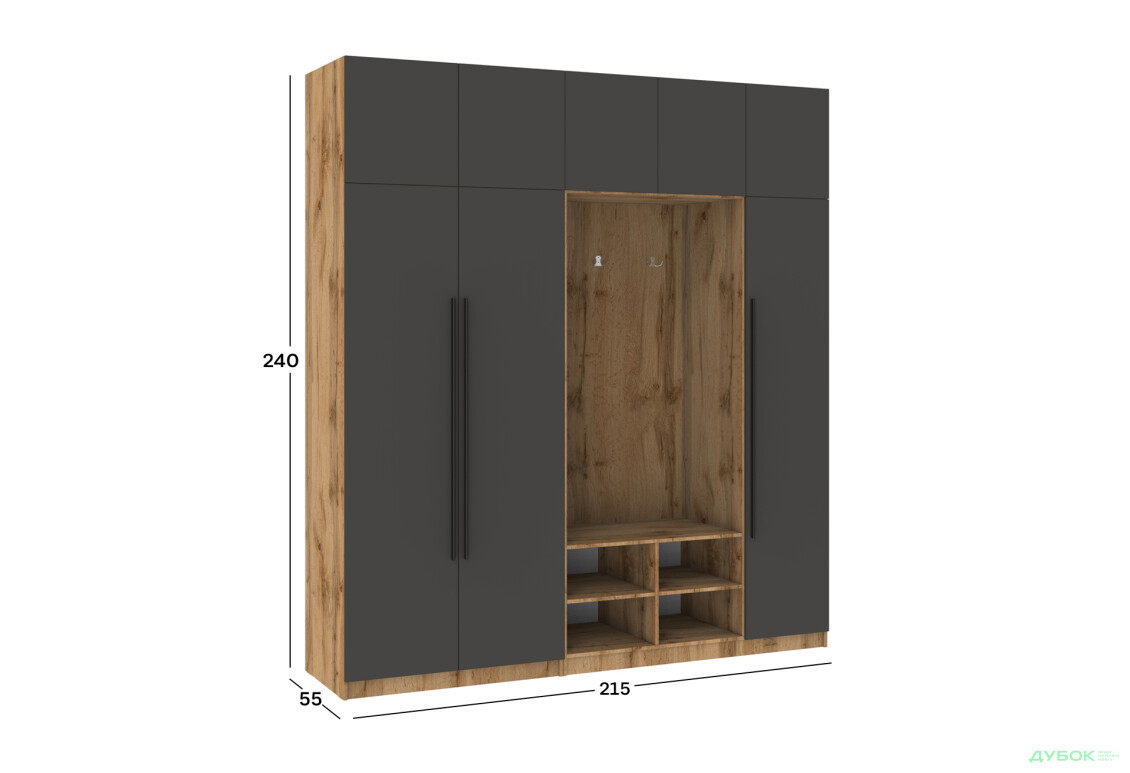 Прихожая Киевский стандарт Лайн Элегант Д 8-дверный с гачками 215 см Дуб аппалачи / Антрацит - Изображение 6 Изображение 6 - Прихожая Киевский стандарт Лайн Элегант Д 8-дверный с гачками 215 см Дуб аппалачи / Антрацит