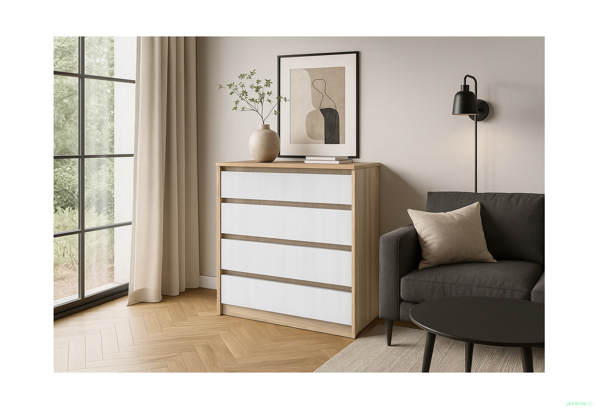 Комод Київський стандарт №10 з 4 шухлядами 80 см дуб сонома / білий структурний new - Зображення 2 Зображення 2 - Комод Київський стандарт №10 з 4 шухлядами 80 см дуб сонома / білий структурний new