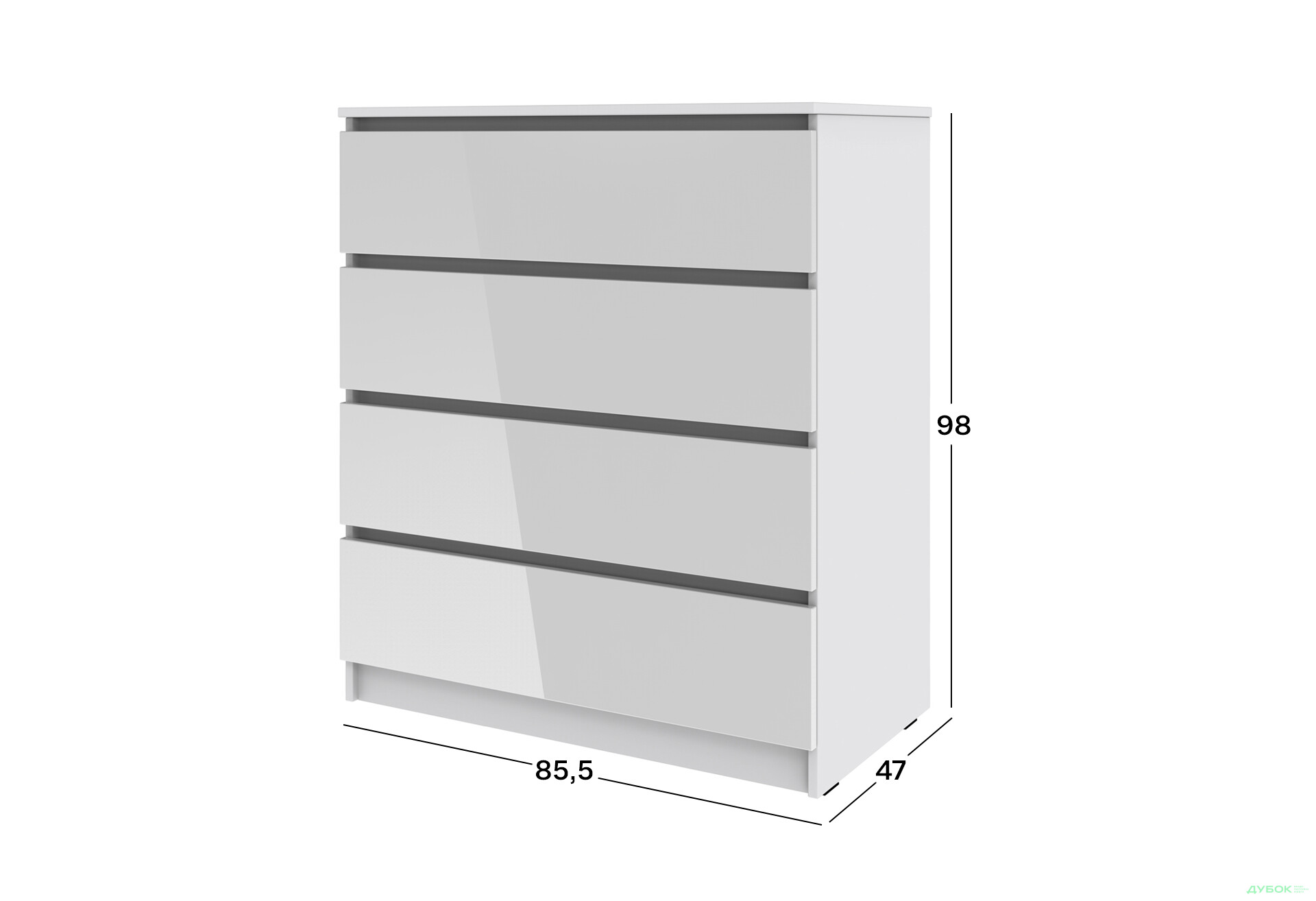 Комод Київський стандарт №14 з 4 шухлядами 86 см німфея альба / білий глянець - Зображення 4 Зображення 4 - Комод Київський стандарт №14 з 4 шухлядами 86 см німфея альба / білий глянець