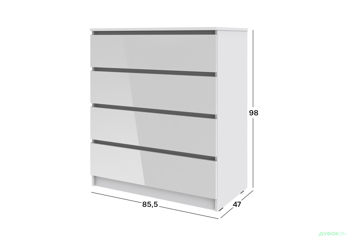 Комод Київський стандарт №14 з 4 шухлядами 86 см німфея альба / білий глянець - Зображення 4 Зображення 4 - Комод Київський стандарт №14 з 4 шухлядами 86 см німфея альба / білий глянець