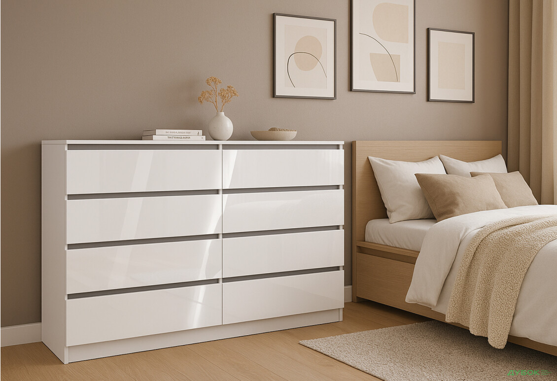 Комод Київський стандарт №15 з 8 шухлядами 141 см німфея альба / білий глянець - Зображення 2 Зображення 2 - Комод Київський стандарт №15 з 8 шухлядами 141 см німфея альба / білий глянець