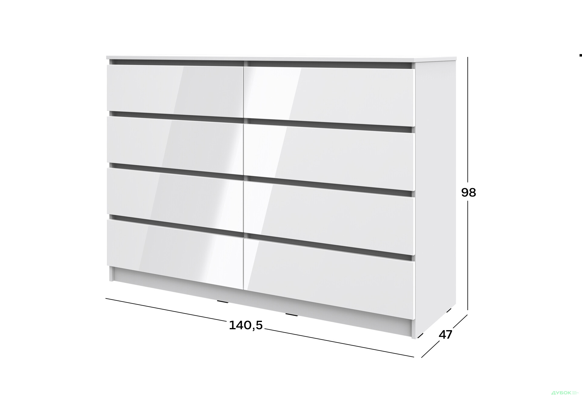 Комод Київський стандарт №15 з 8 шухлядами 141 см німфея альба / білий глянець - Зображення 4 Зображення 4 - Комод Київський стандарт №15 з 8 шухлядами 141 см німфея альба / білий глянець