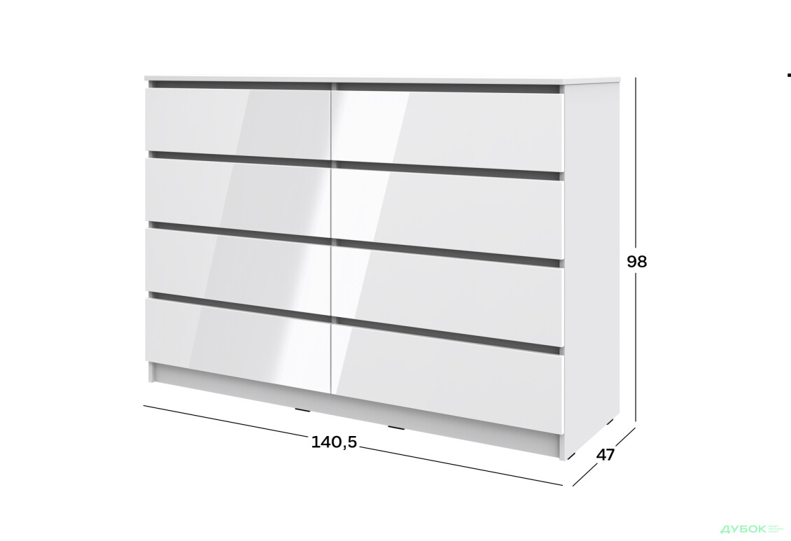 Комод Київський стандарт №15 з 8 шухлядами 141 см німфея альба / білий глянець - Зображення 4 Зображення 4 - Комод Київський стандарт №15 з 8 шухлядами 141 см німфея альба / білий глянець